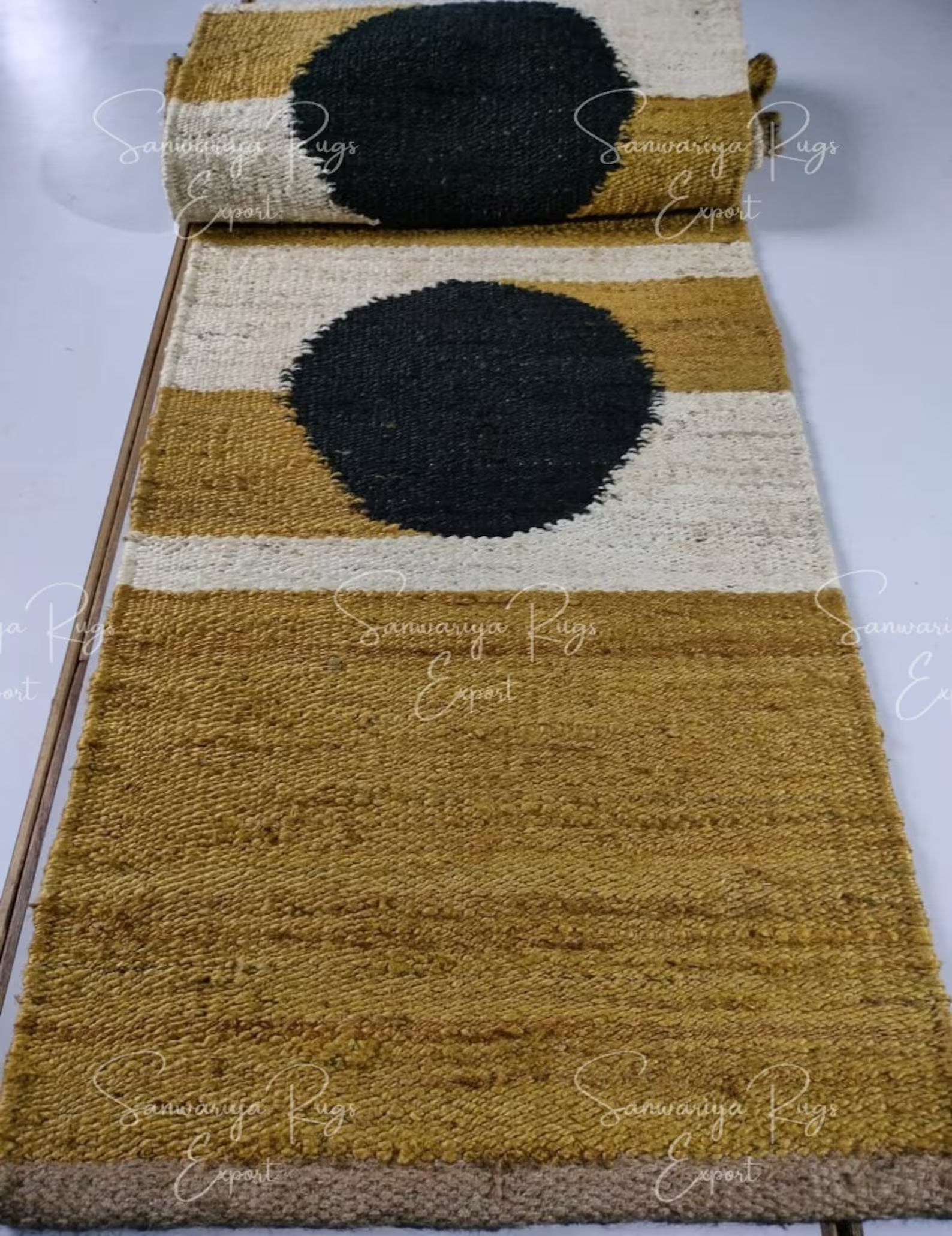 Handmade Yellow Black Dot Jute Runner Rug