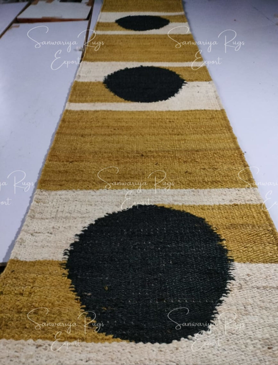 Handmade Yellow Black Dot Jute Runner Rug