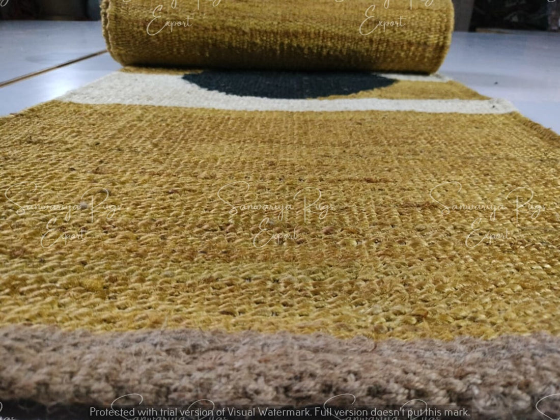 Handmade Yellow Black Dot Jute Runner Rug