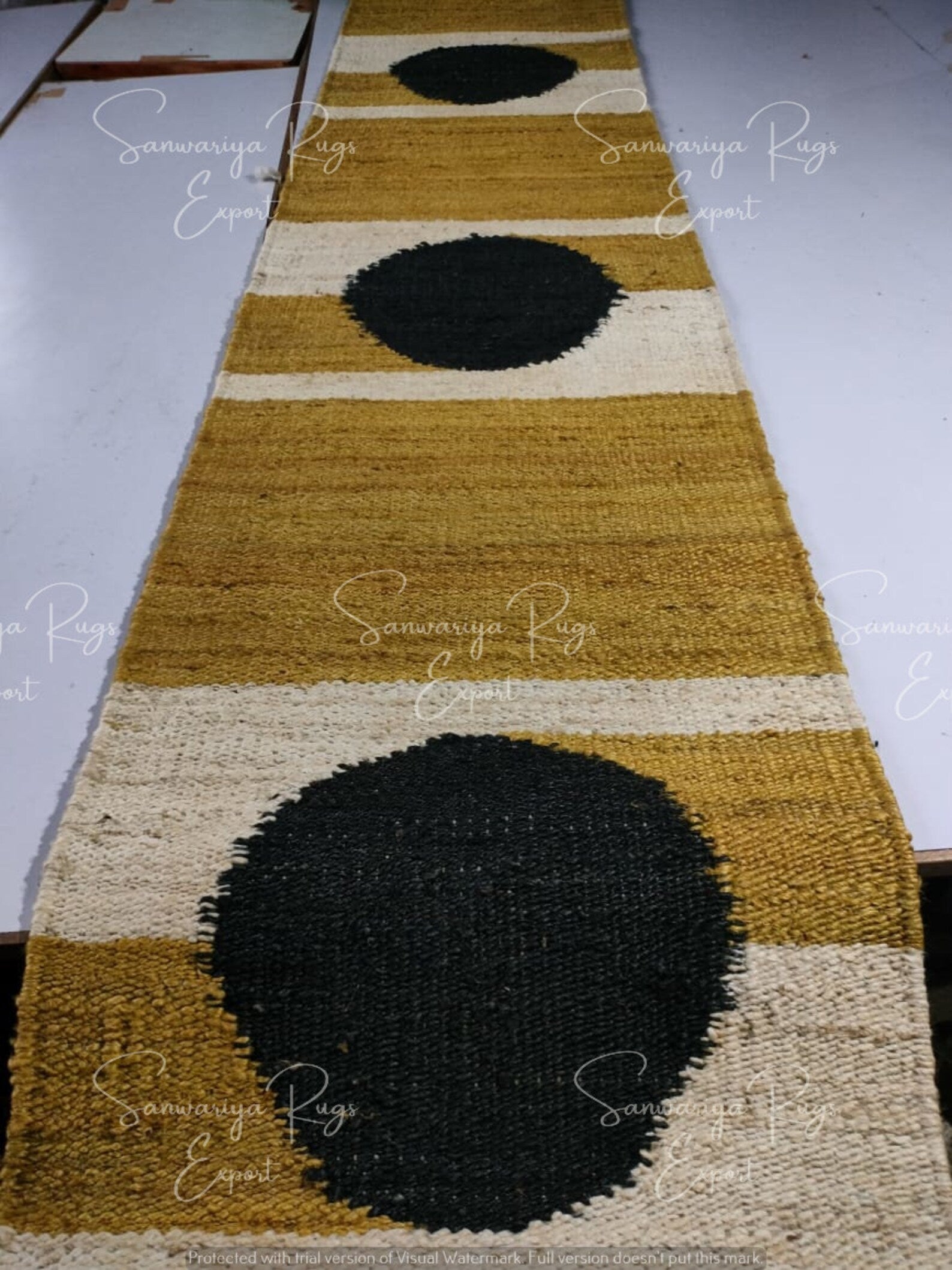 Handmade Yellow Black Dot Jute Runner Rug