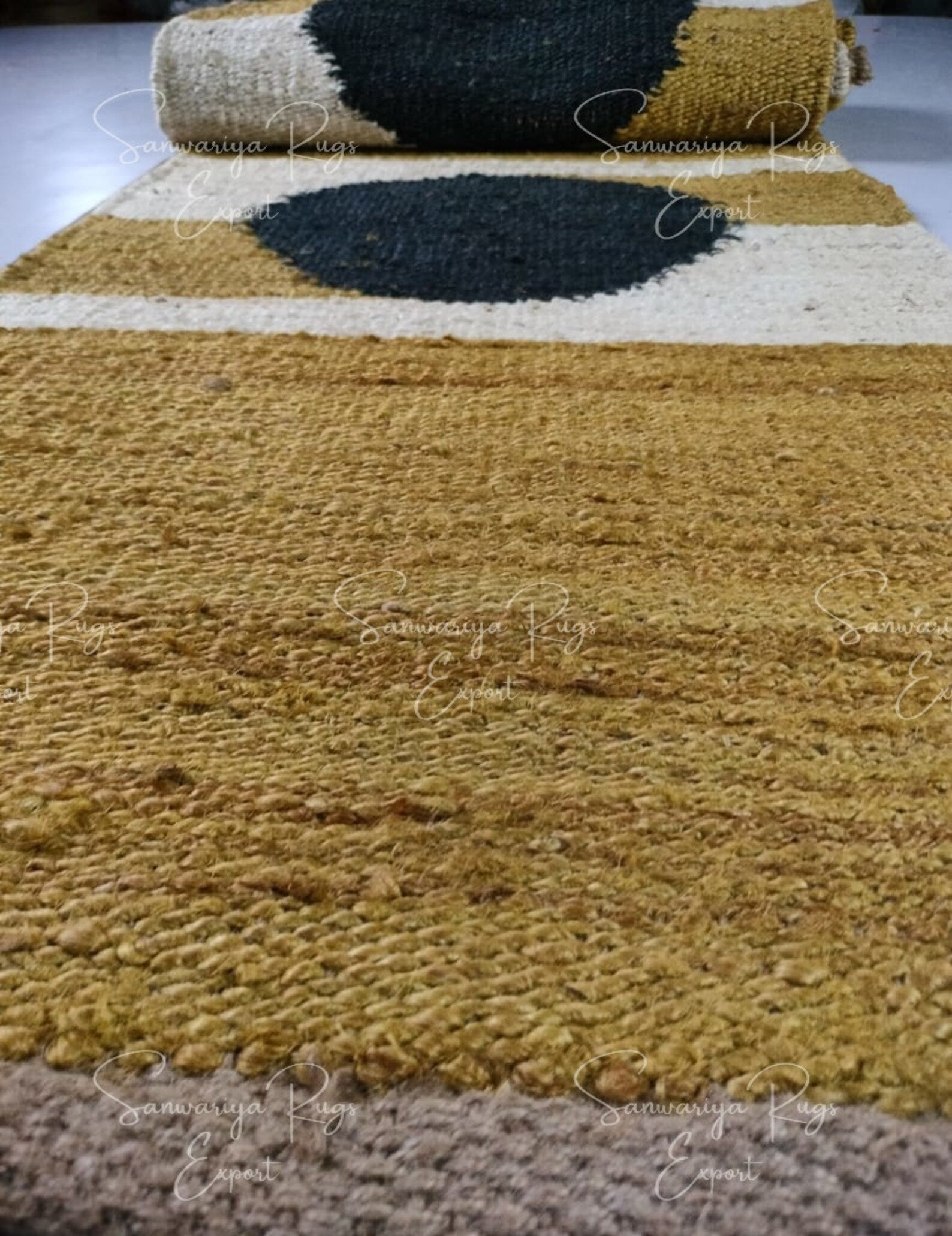 Handmade Yellow Black Dot Jute Runner Rug