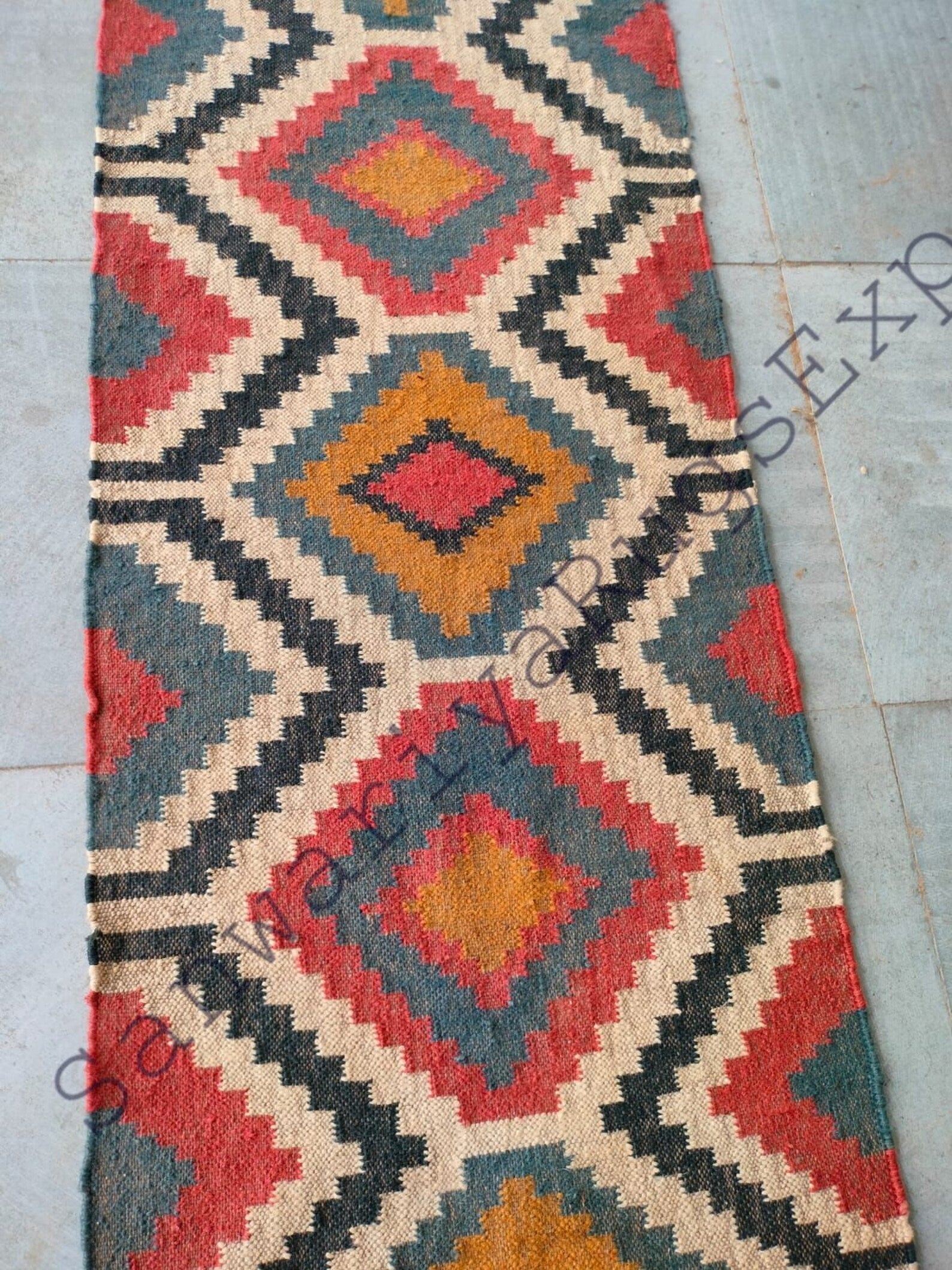 Handwoven Wool–Jute Kilim Runner with Braided Tribal Geometric Weave