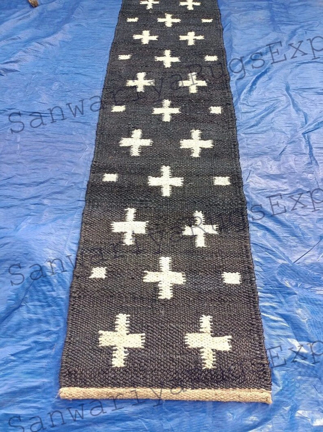 Handmade Black & White Jute Runner Rug – Striped Stair Runner