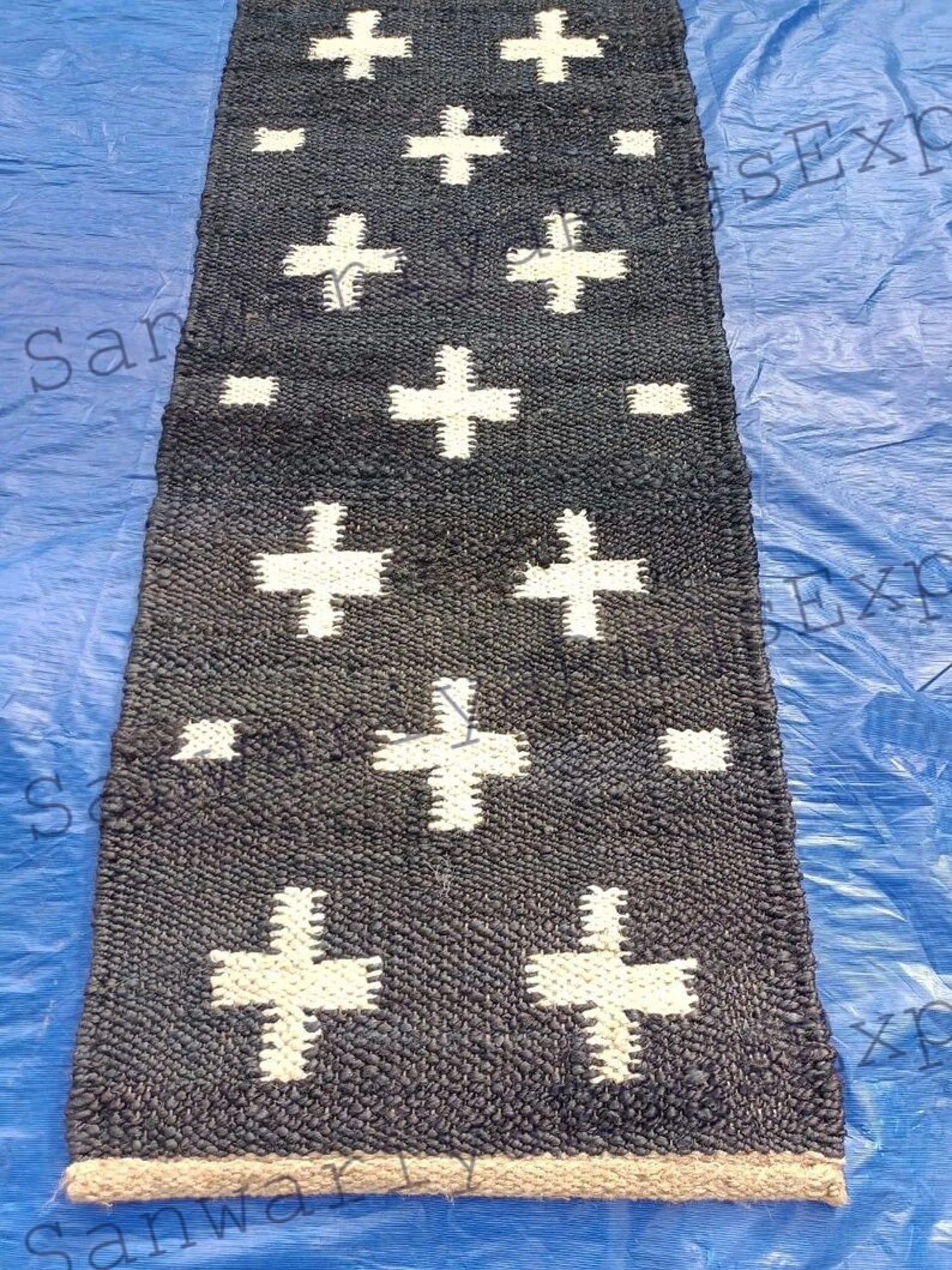 Handmade Black & White Jute Runner Rug – Striped Stair Runner
