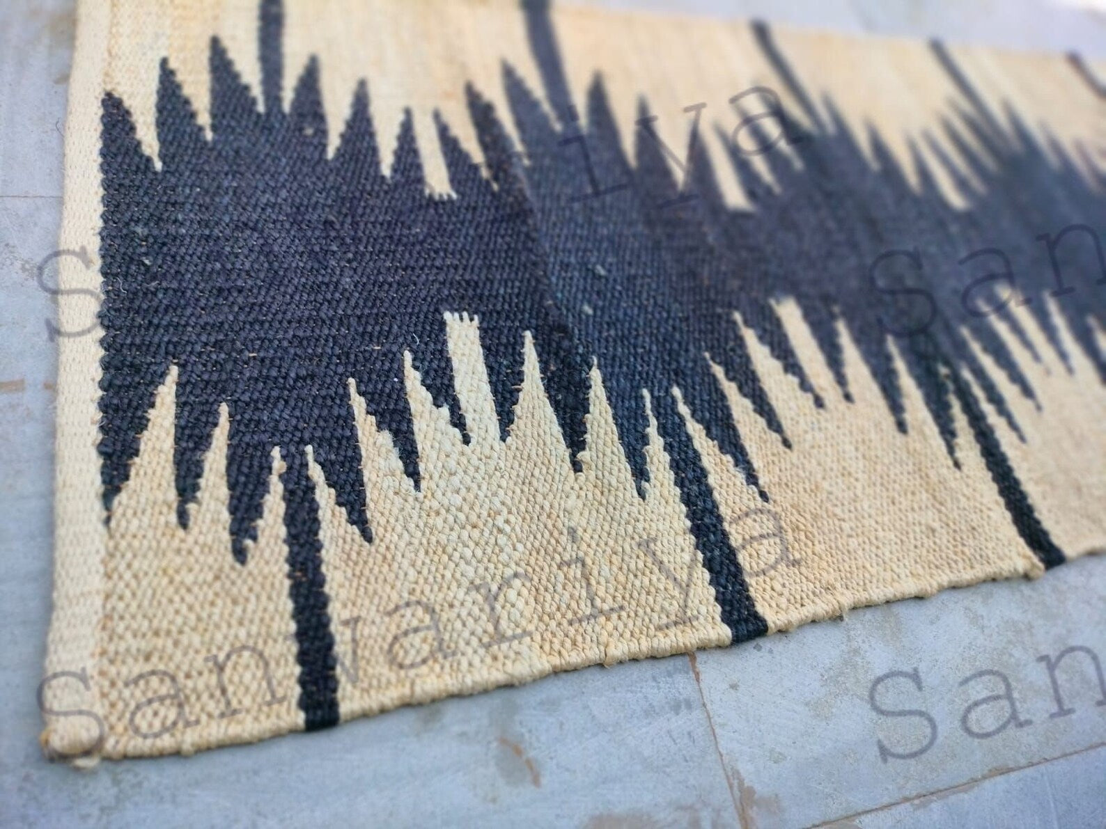 Handwoven Jute Runner Rug with Black Zig Zag Pattern