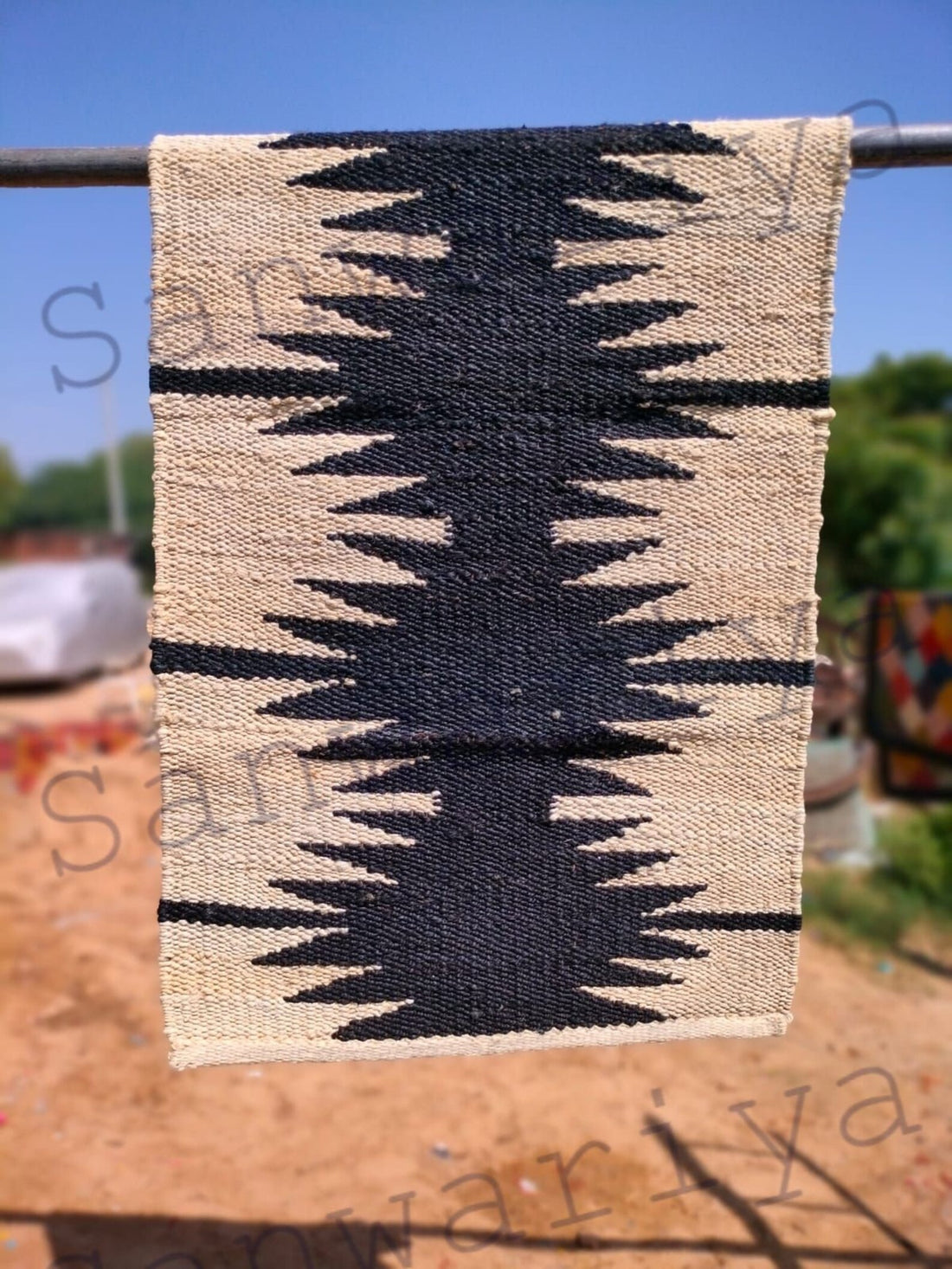 Handwoven Jute Runner Rug with Black Zig Zag Pattern