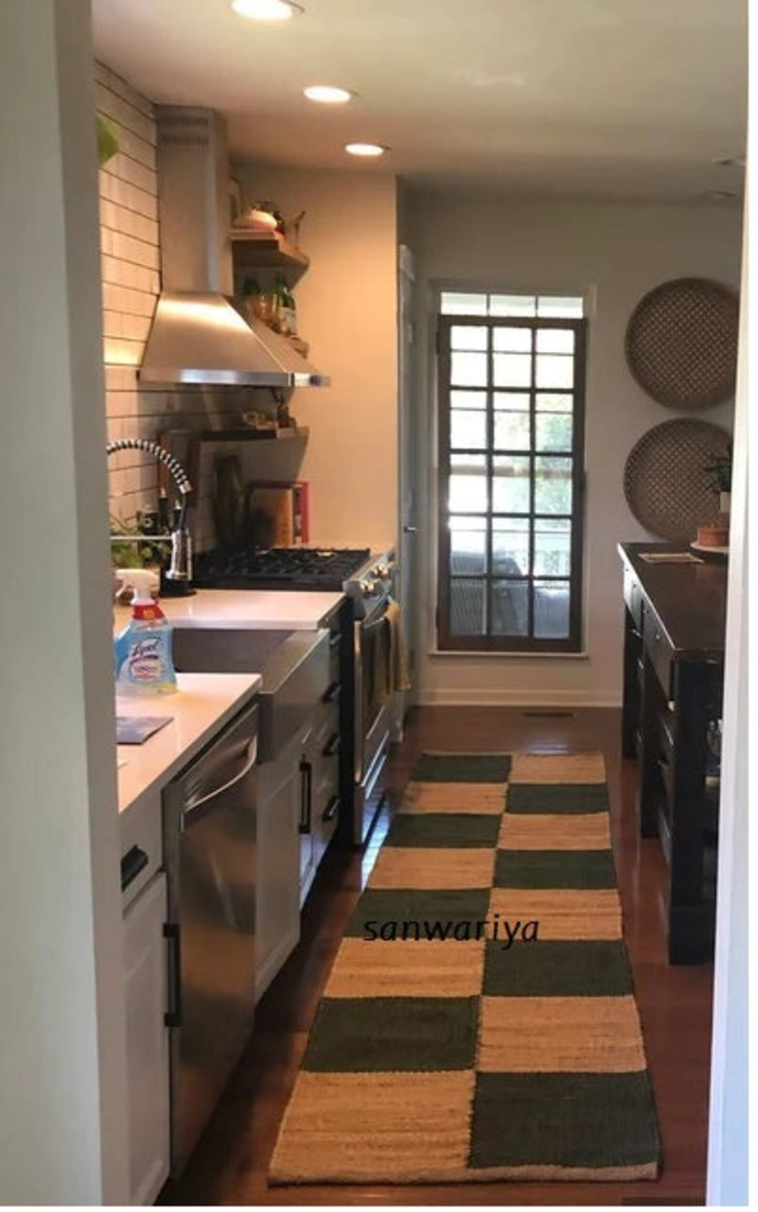 Handwoven Green Box Pattern Jute Runner Rug