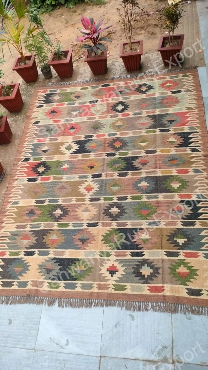 Vintage Tribal Wool Jute Kilim Rug, Handmade Farmhouse Area Rug, Southwestern Flatweave Dhurrie Carpet, Boho Geometric Rug, Custom Size