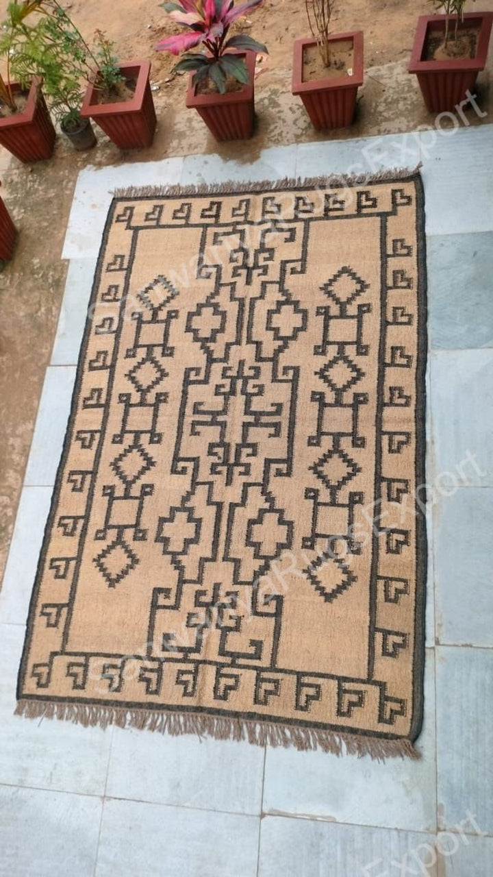 Handwoven Wool Jute Kilim Rug | Traditional Indian Oriental Carpet | Large Geometric Dhurrie