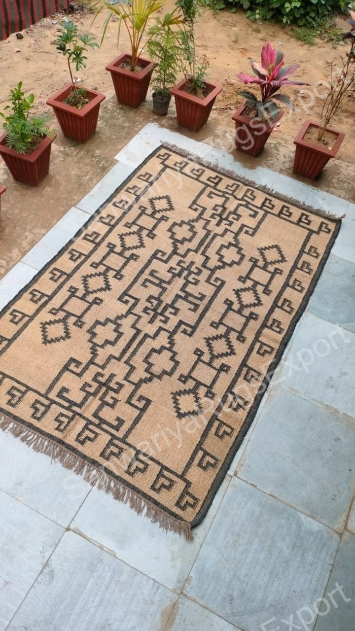 Handwoven Wool Jute Kilim Rug | Traditional Indian Oriental Carpet | Large Geometric Dhurrie