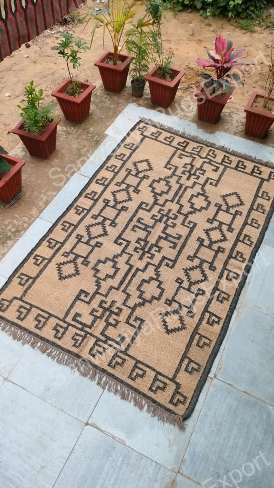 Handwoven Wool Jute Kilim Rug | Traditional Indian Oriental Carpet | Large Geometric Dhurrie
