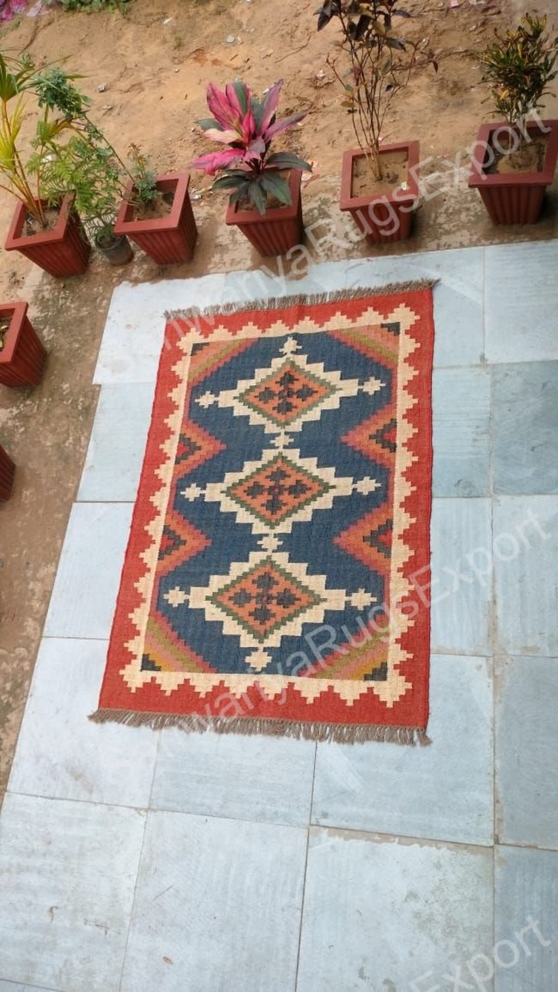 Handmade Wool Jute Kilim Rug – Red Border, Multicolor Dhurrie