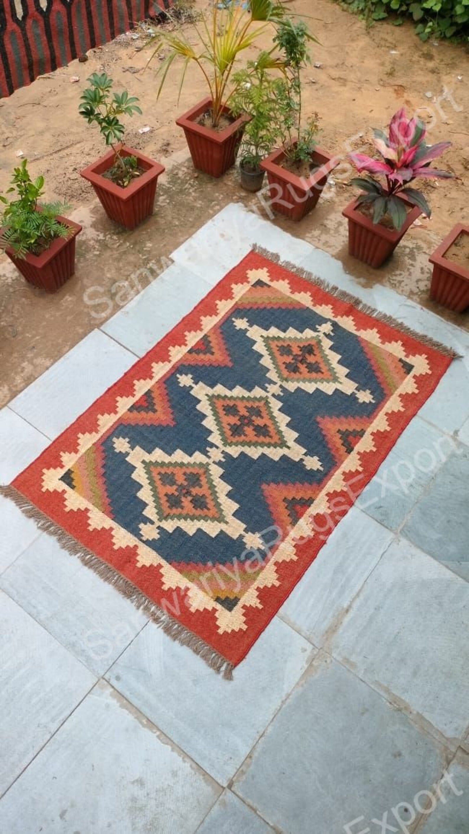 Handmade Wool Jute Kilim Rug – Red Border, Multicolor Dhurrie