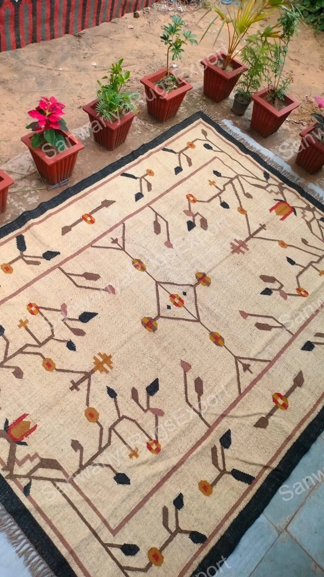 Large Handwoven Wool and Jute Kilim Rug – Traditional Geometric Flatweave Dhurrie