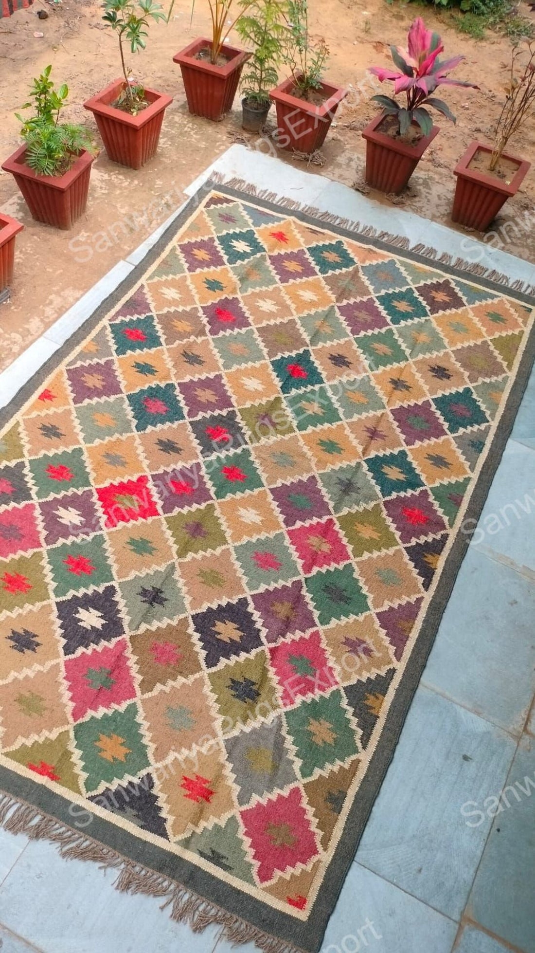 Handwoven Wool Jute Kilim Rug | Multicolor Bohemian Flatweave Carpet