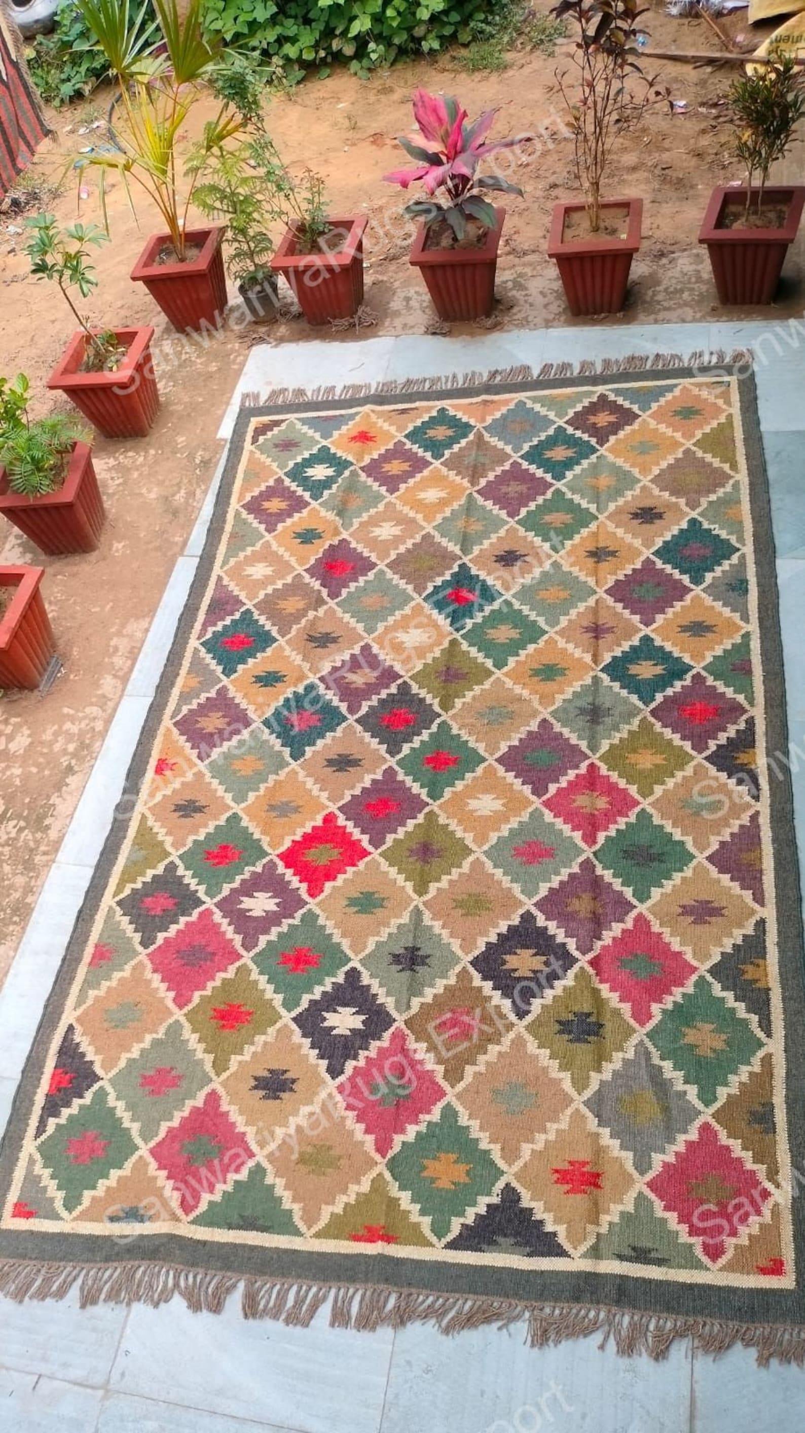 Handwoven Wool Jute Kilim Rug | Multicolor Bohemian Flatweave Carpet