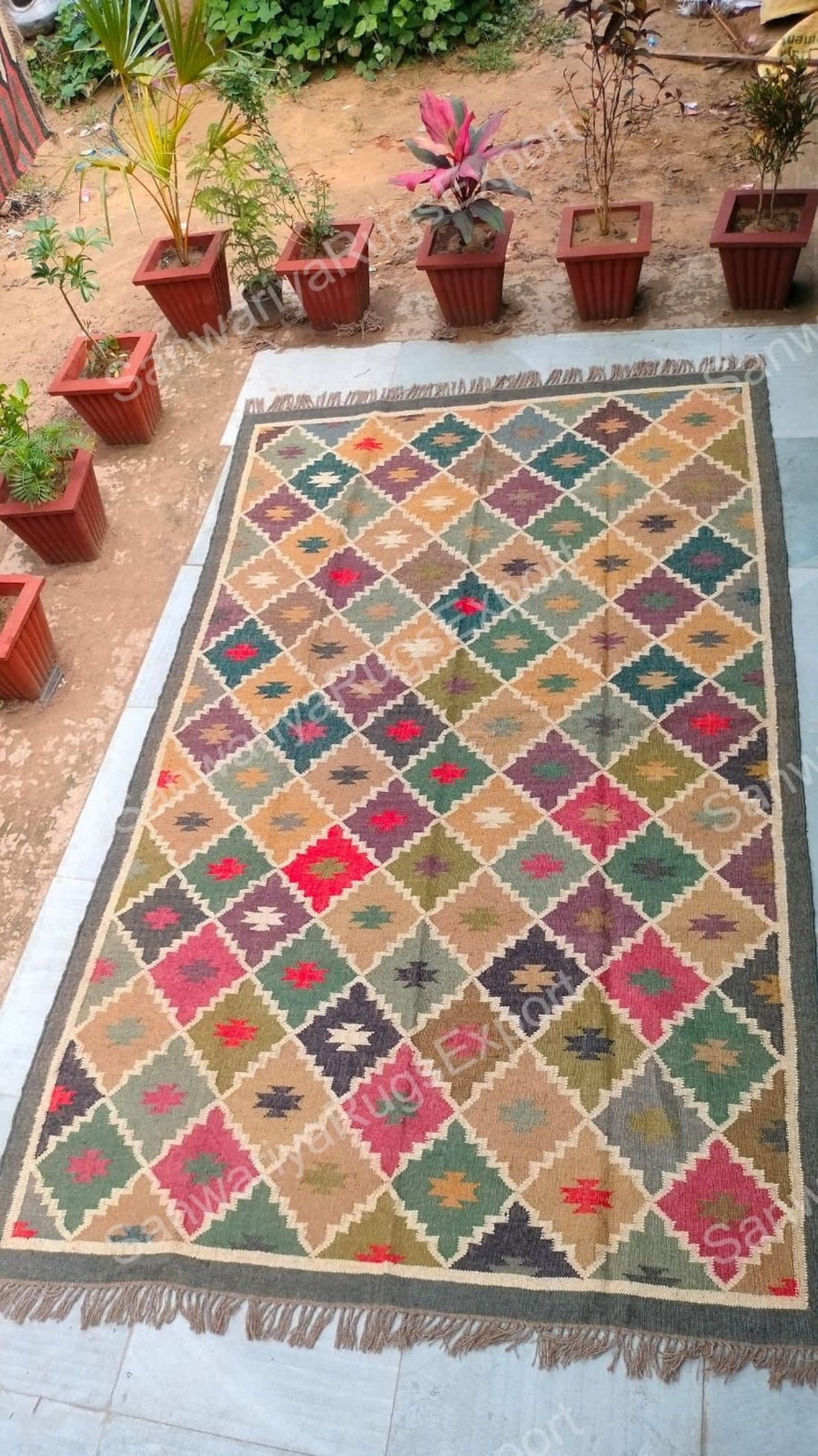Handwoven Wool Jute Kilim Rug | Multicolor Bohemian Flatweave Carpet