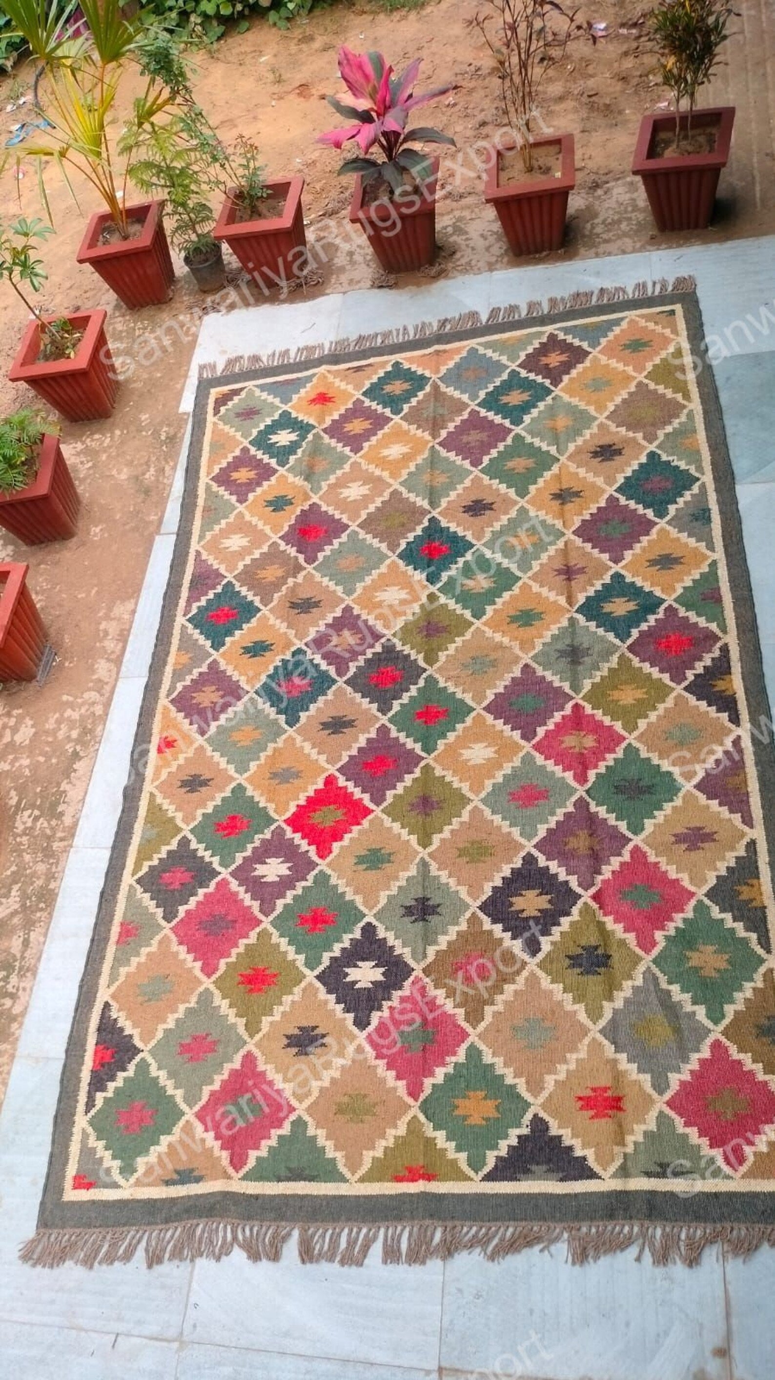 Handwoven Wool Jute Kilim Rug | Multicolor Bohemian Flatweave Carpet