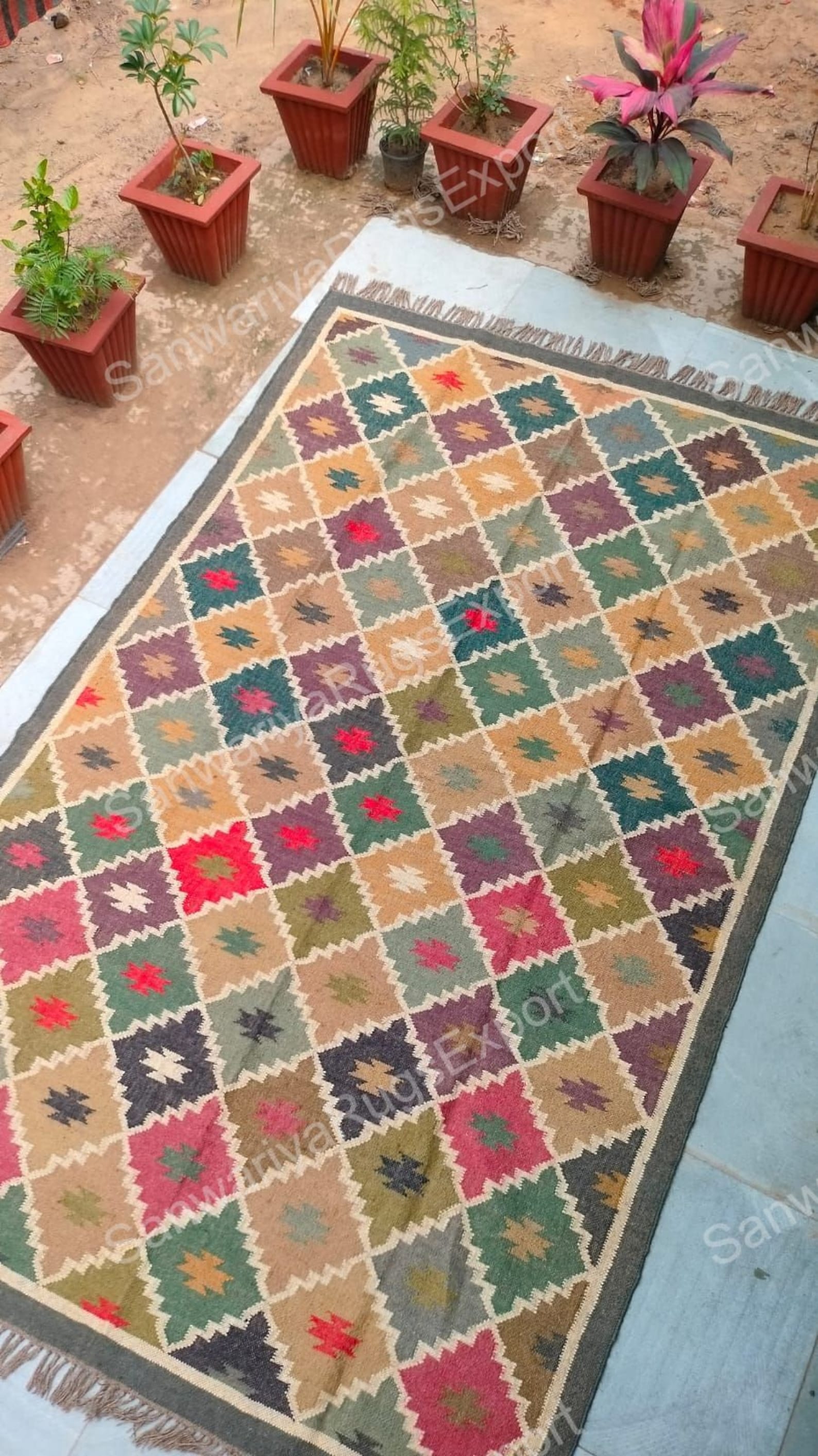 Handwoven Wool Jute Kilim Rug | Multicolor Bohemian Flatweave Carpet