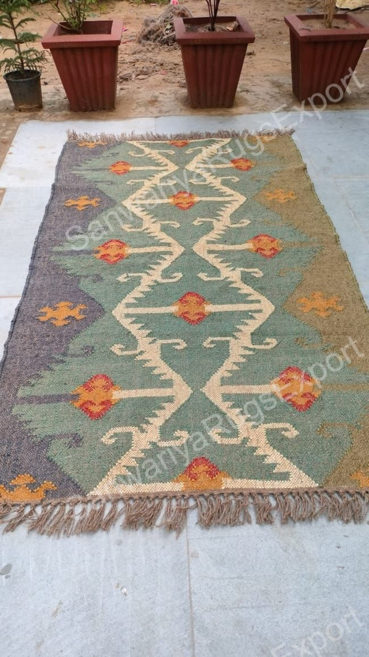 Handwoven Wool Jute Kilim Dhurrie – Traditional Indian Colorful Floor Rug