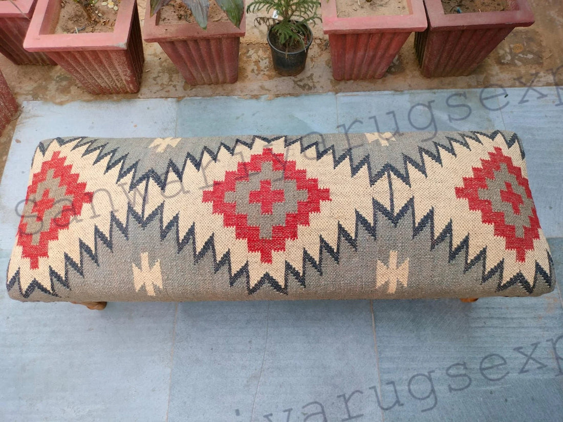 Handwoven Kilim Upholstered Bench – Boho Wooden Footstool