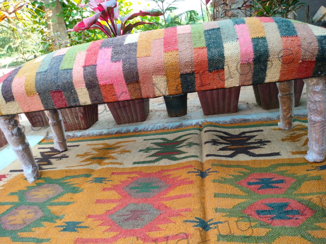 Handmade Kilim Bench – Turkish Rug Upholstered Wooden Ottoman Seat
