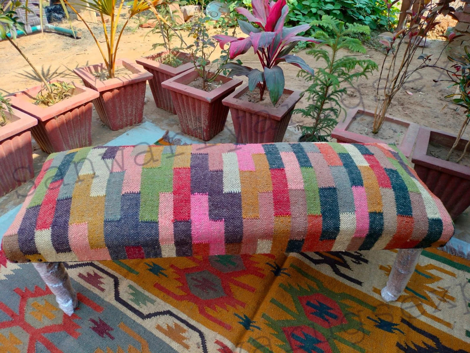 Handmade Kilim Bench – Turkish Rug Upholstered Wooden Ottoman Seat