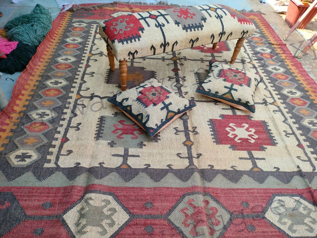 Handmade Kilim Wood Work Bench with Turkish Rug Upholstery