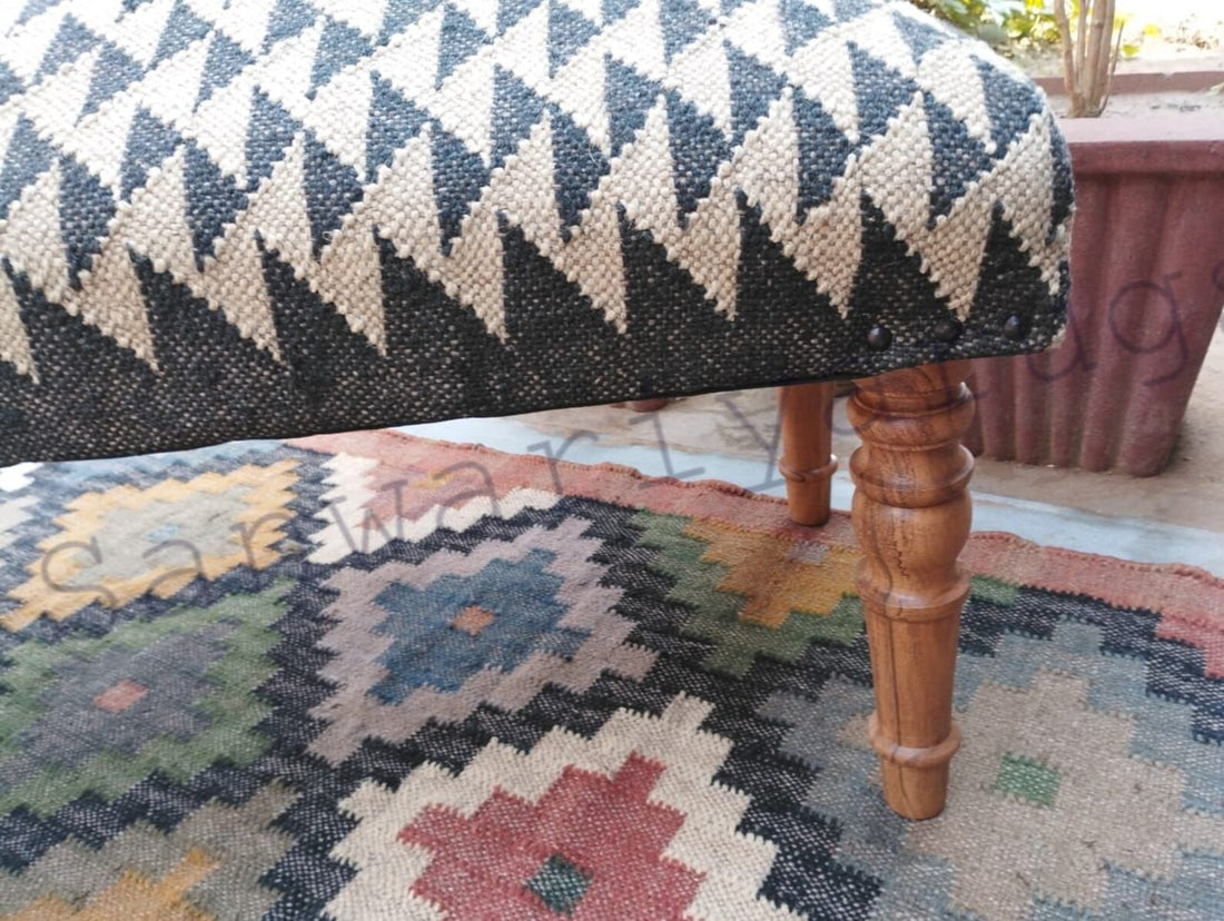 Kilim Patterned Bench – Bohemian Wool Jute Entryway Ottoman