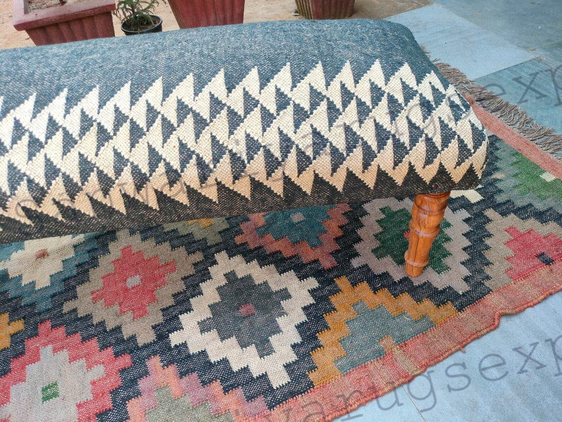 Kilim Patterned Bench – Bohemian Wool Jute Entryway Ottoman