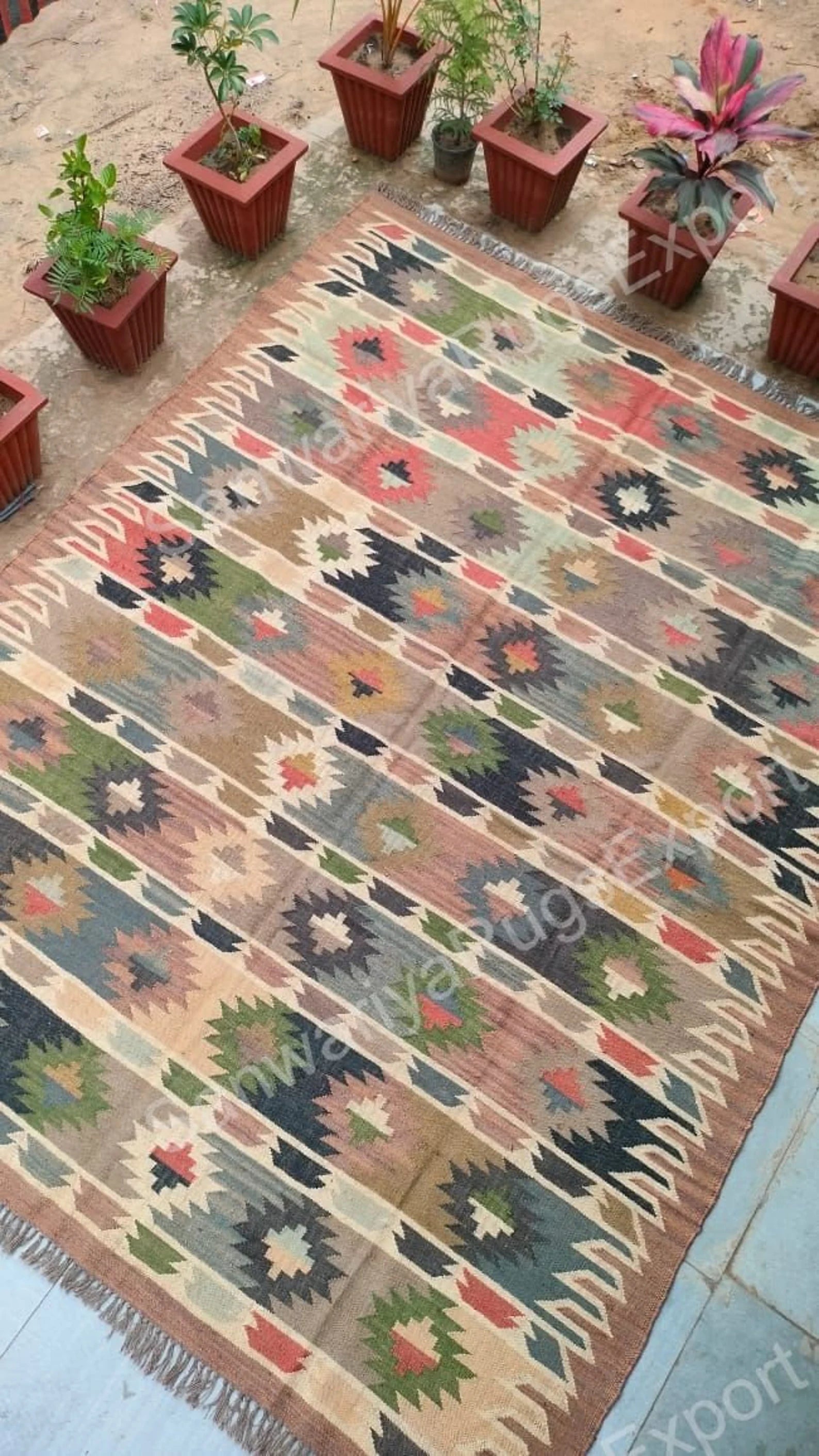 Handwoven Wool Jute Boho Kilim Rug