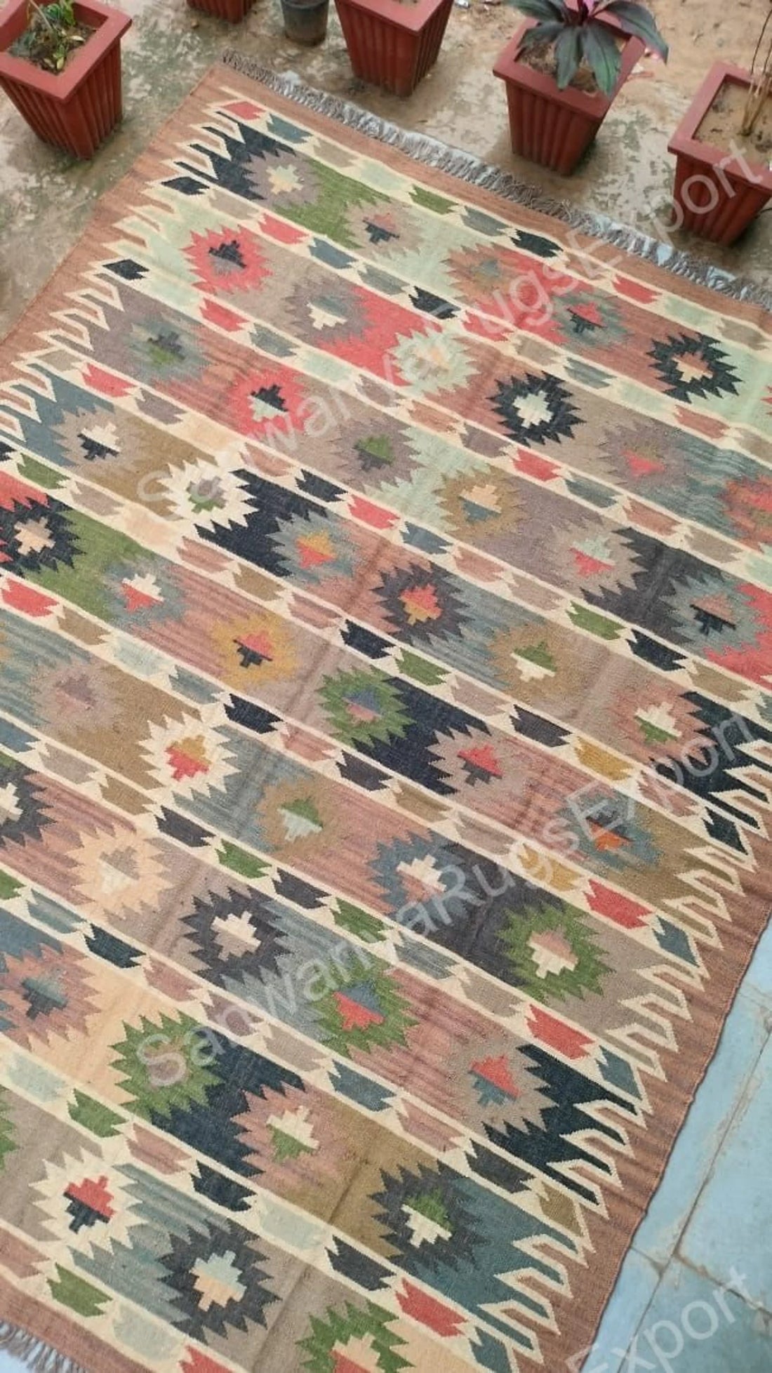 Handwoven Wool Jute Boho Kilim Rug