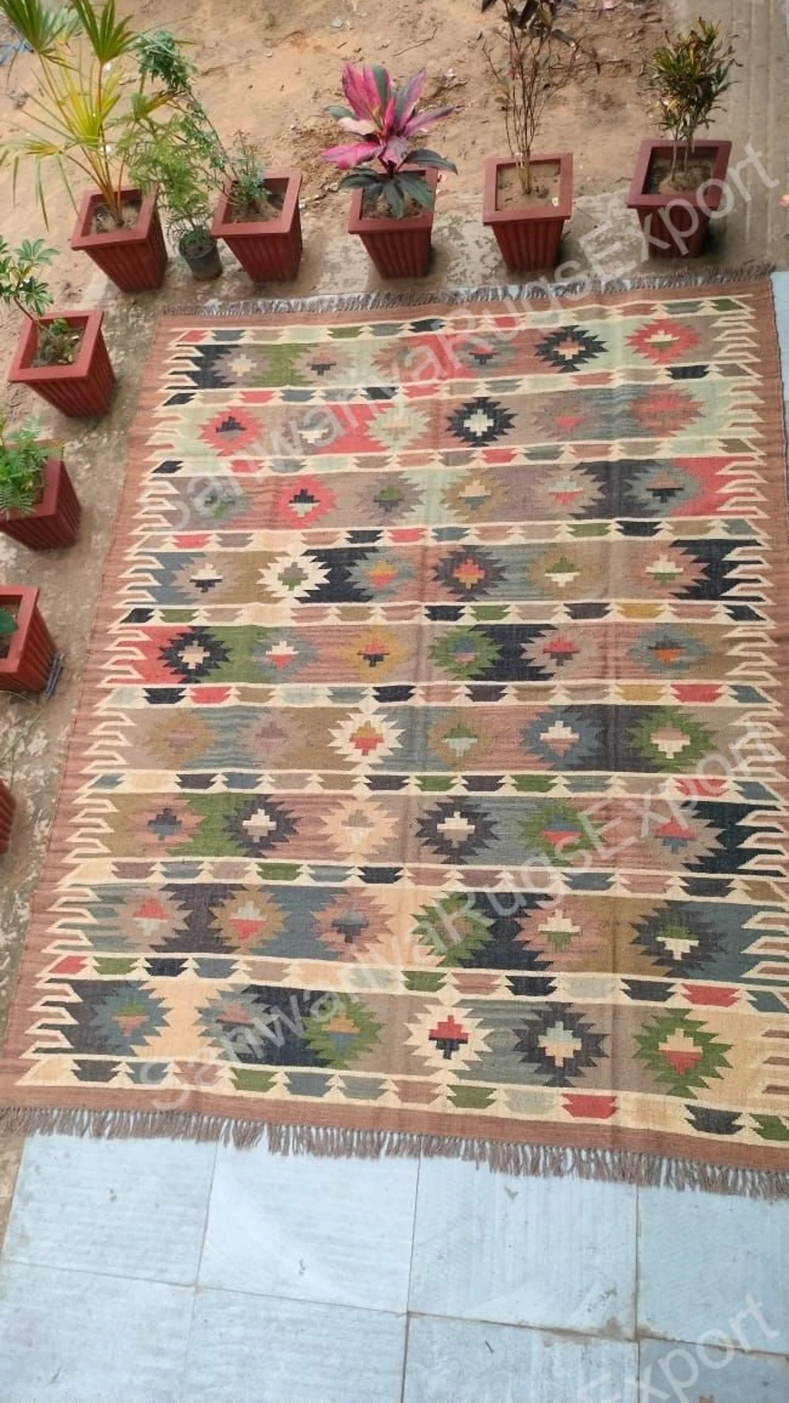 Handwoven Wool Jute Boho Kilim Rug