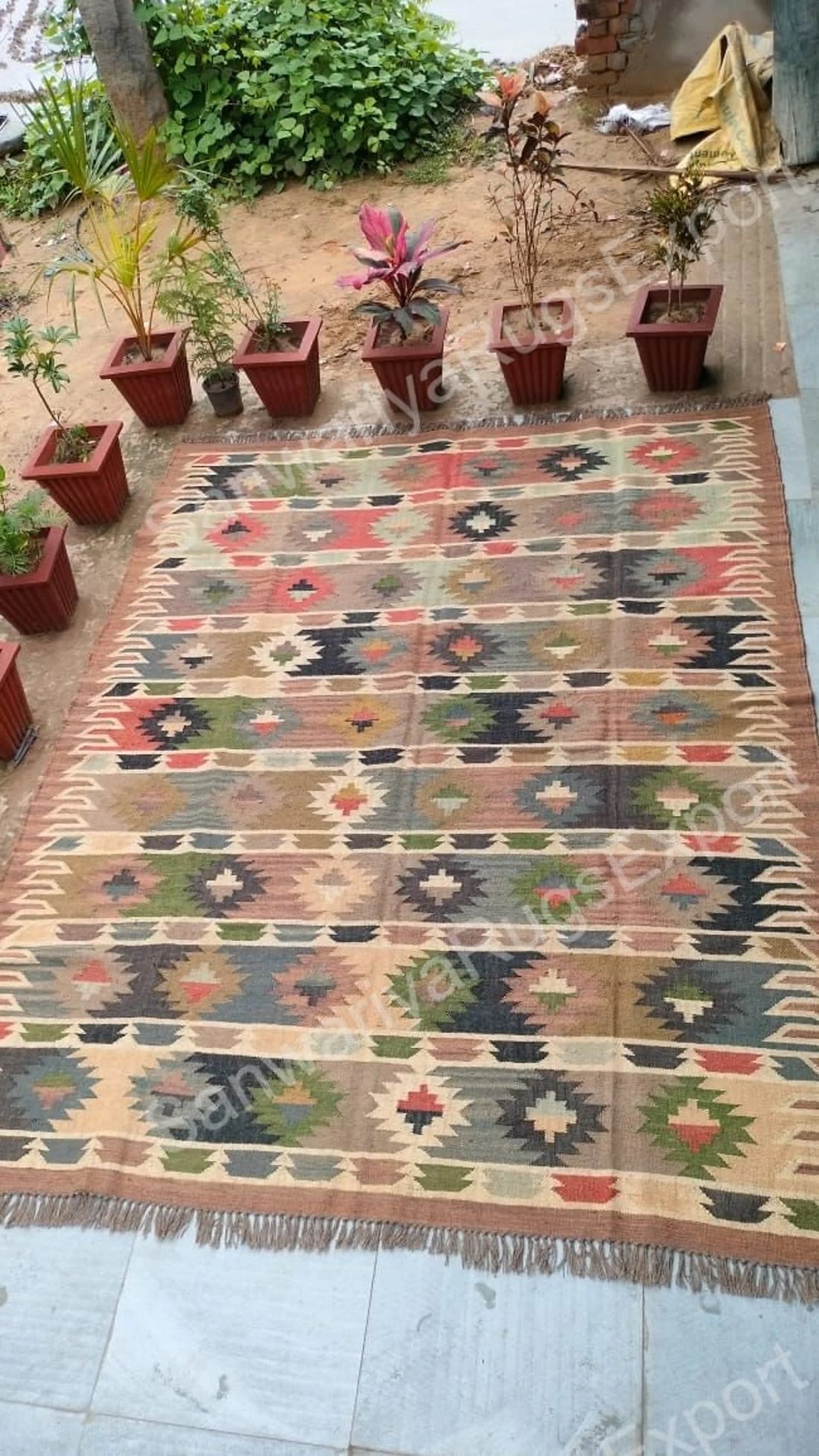 Handwoven Wool Jute Boho Kilim Rug