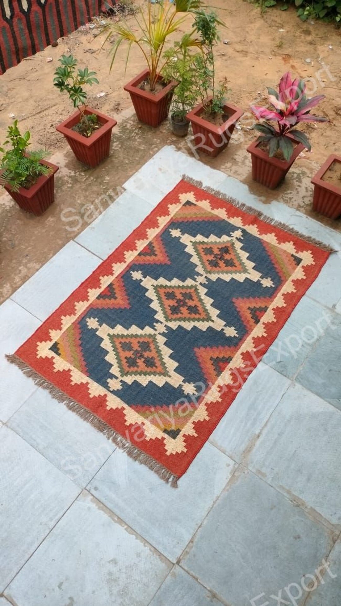 Handmade Wool Jute Kilim Rug – Red Border, Multicolor Dhurrie