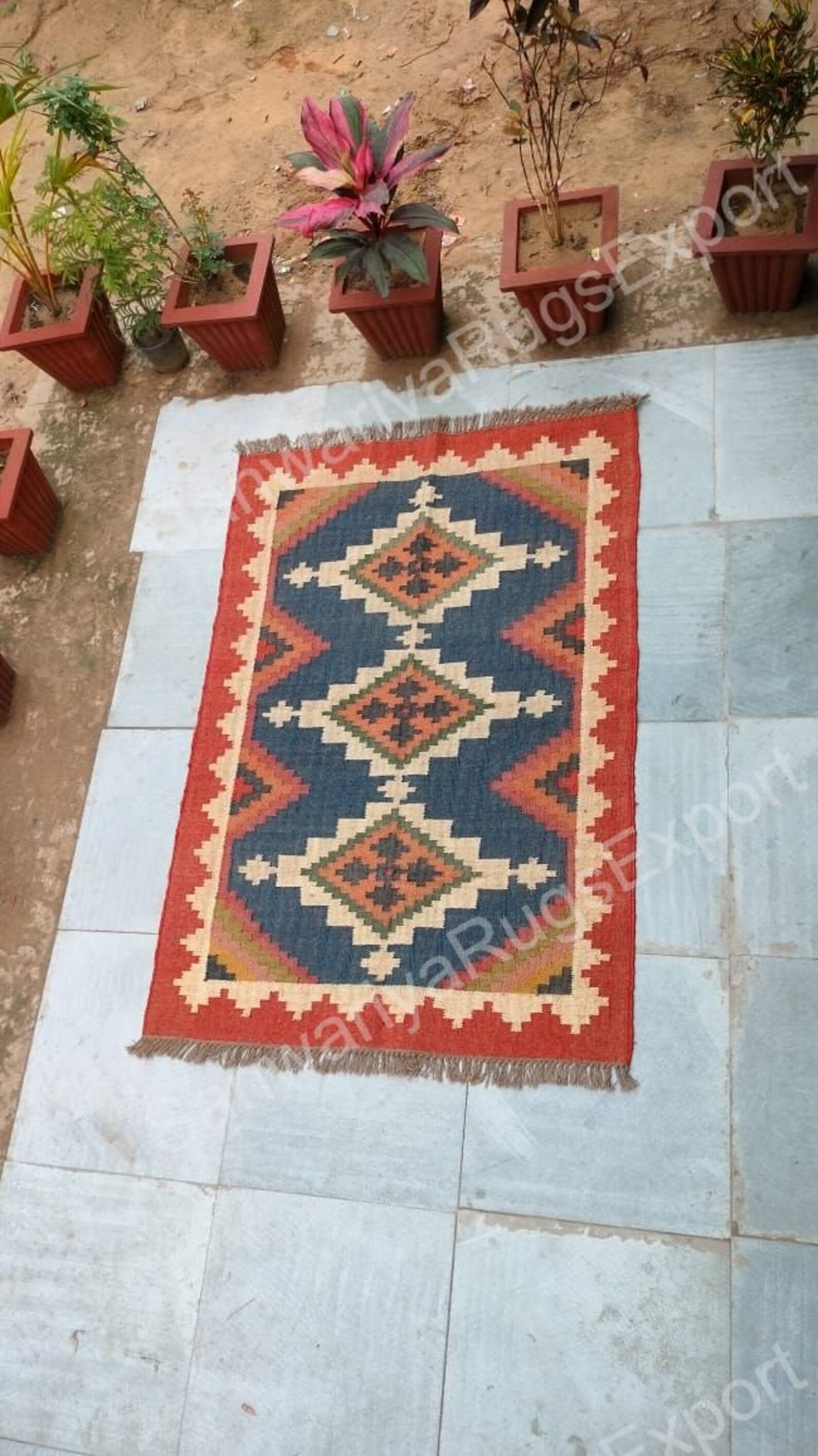 Handmade Wool Jute Kilim Rug – Red Border, Multicolor Dhurrie