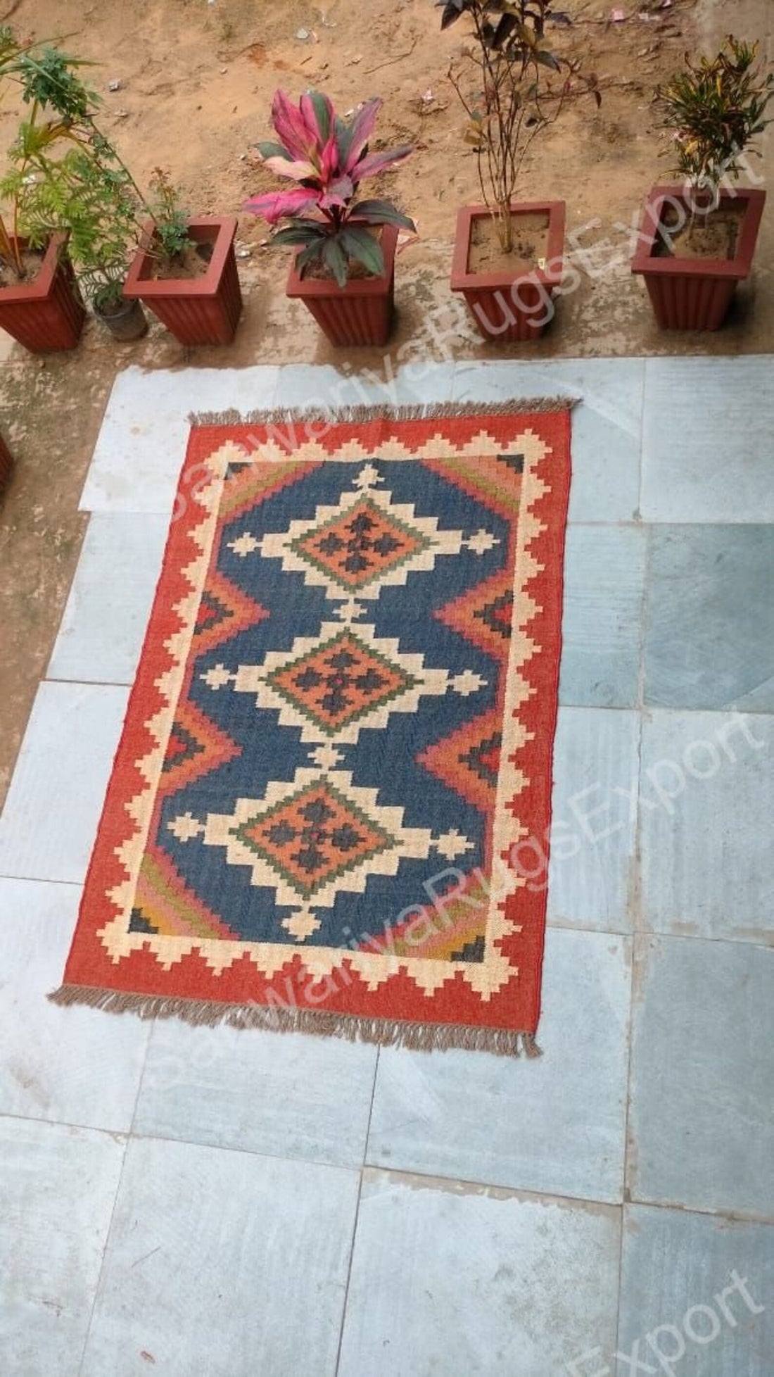 Handmade Wool Jute Kilim Rug – Red Border, Multicolor Dhurrie