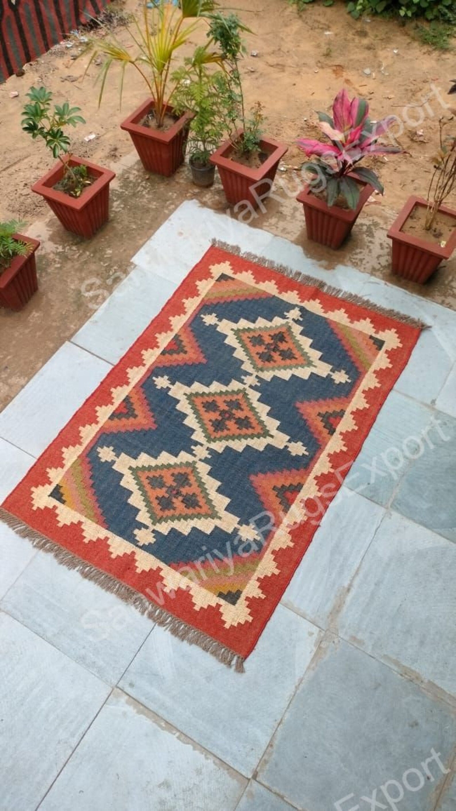 Handmade Wool Jute Kilim Rug – Red Border, Multicolor Dhurrie