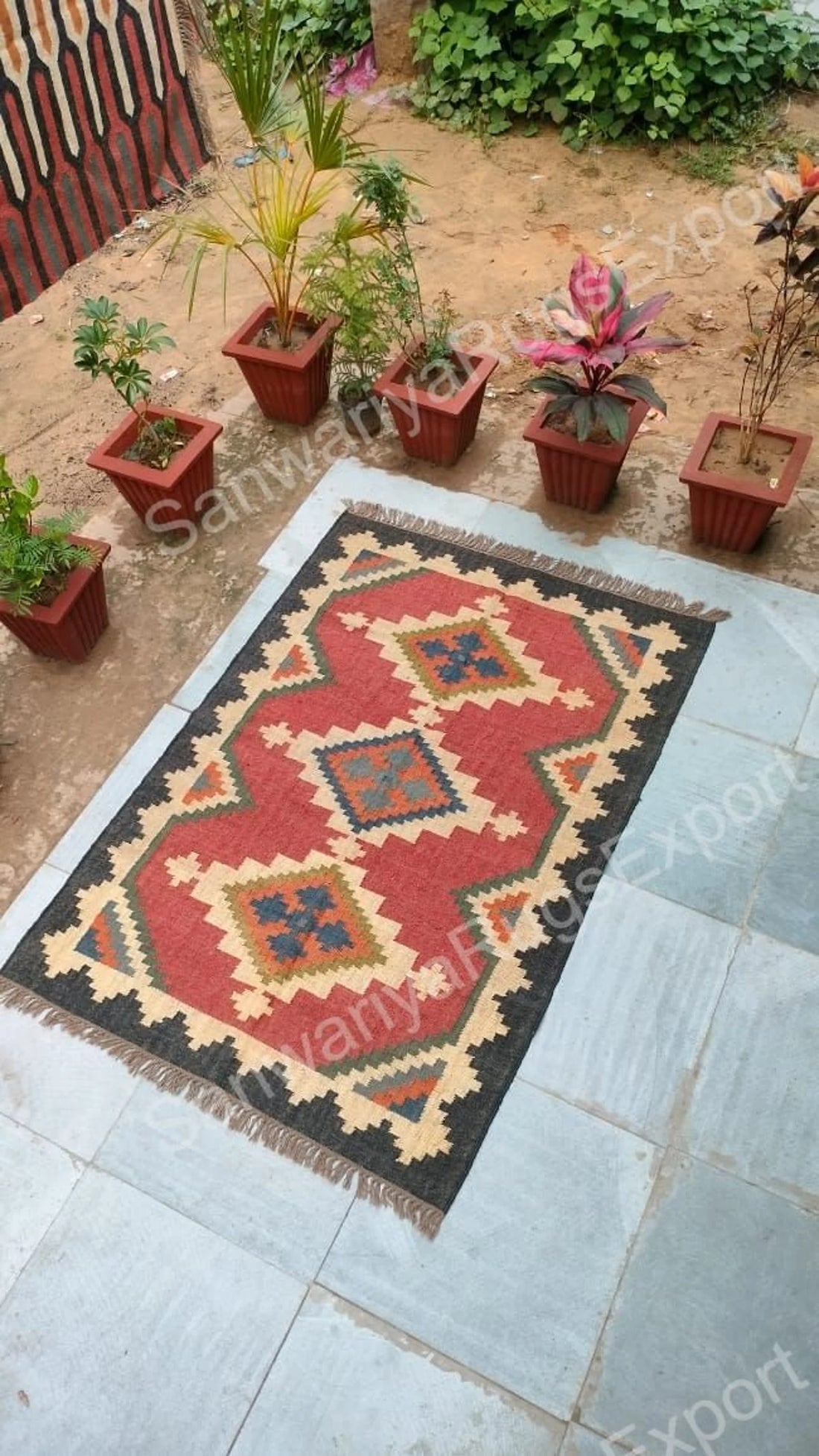 Jute Rug Handmade Large Area Rug – Black & Natural Cross Star Pattern