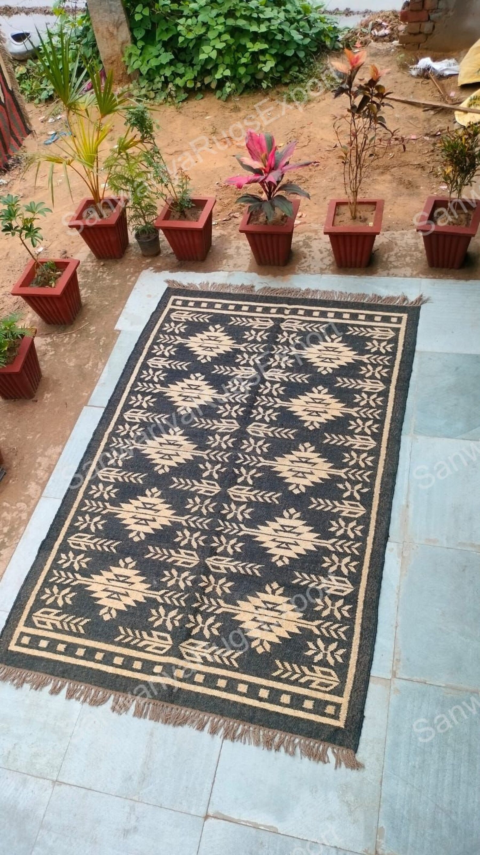 Black Bohemian Wool Jute Rug