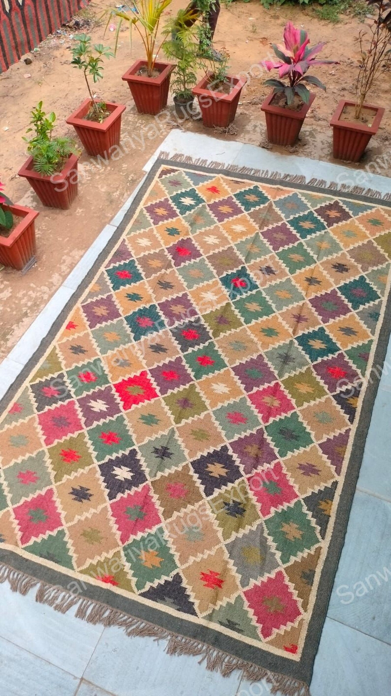 Handwoven Wool Jute Kilim Rug | Multicolor Bohemian Flatweave Carpet