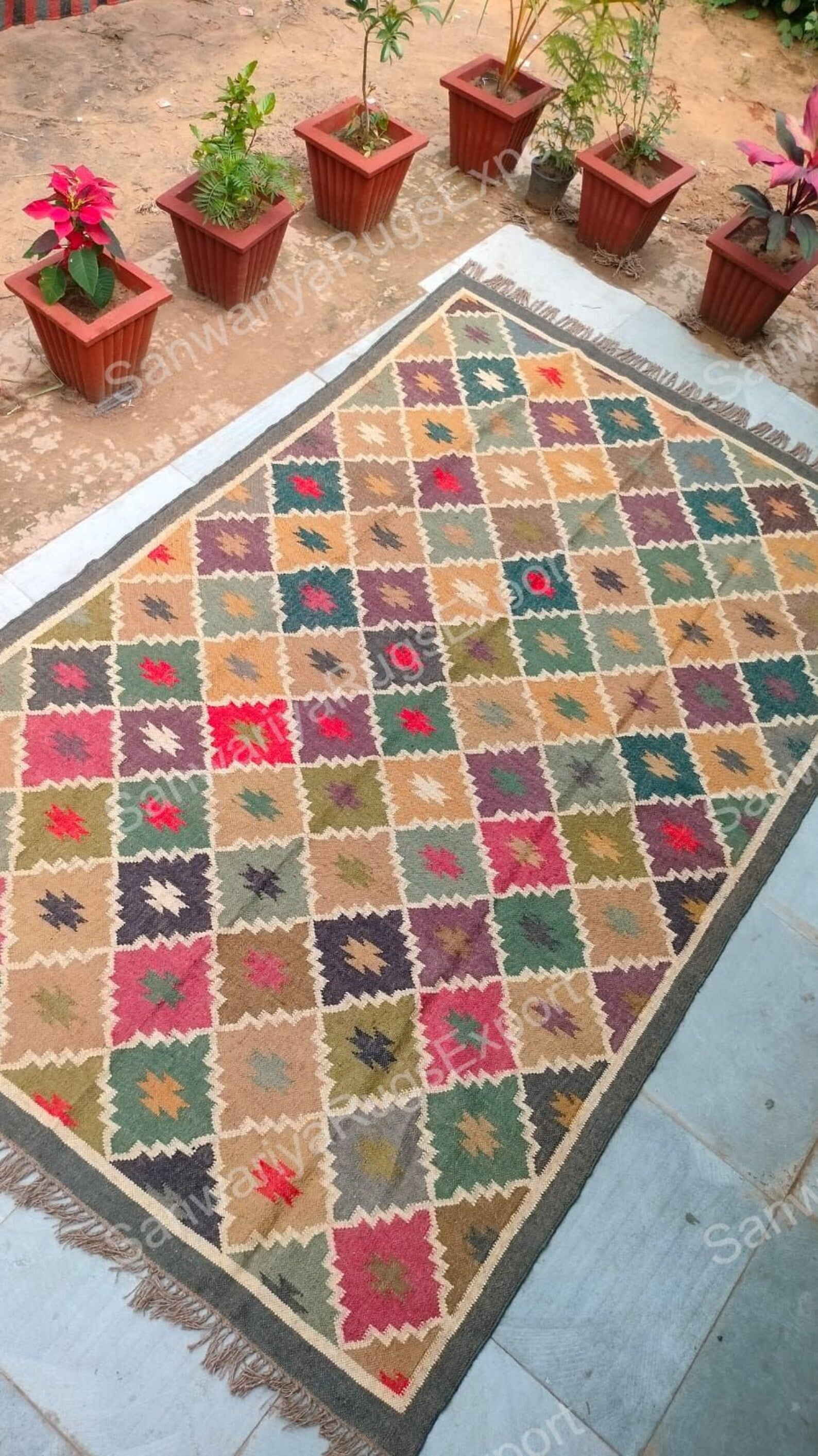 Handwoven Wool Jute Kilim Rug | Multicolor Bohemian Flatweave Carpet