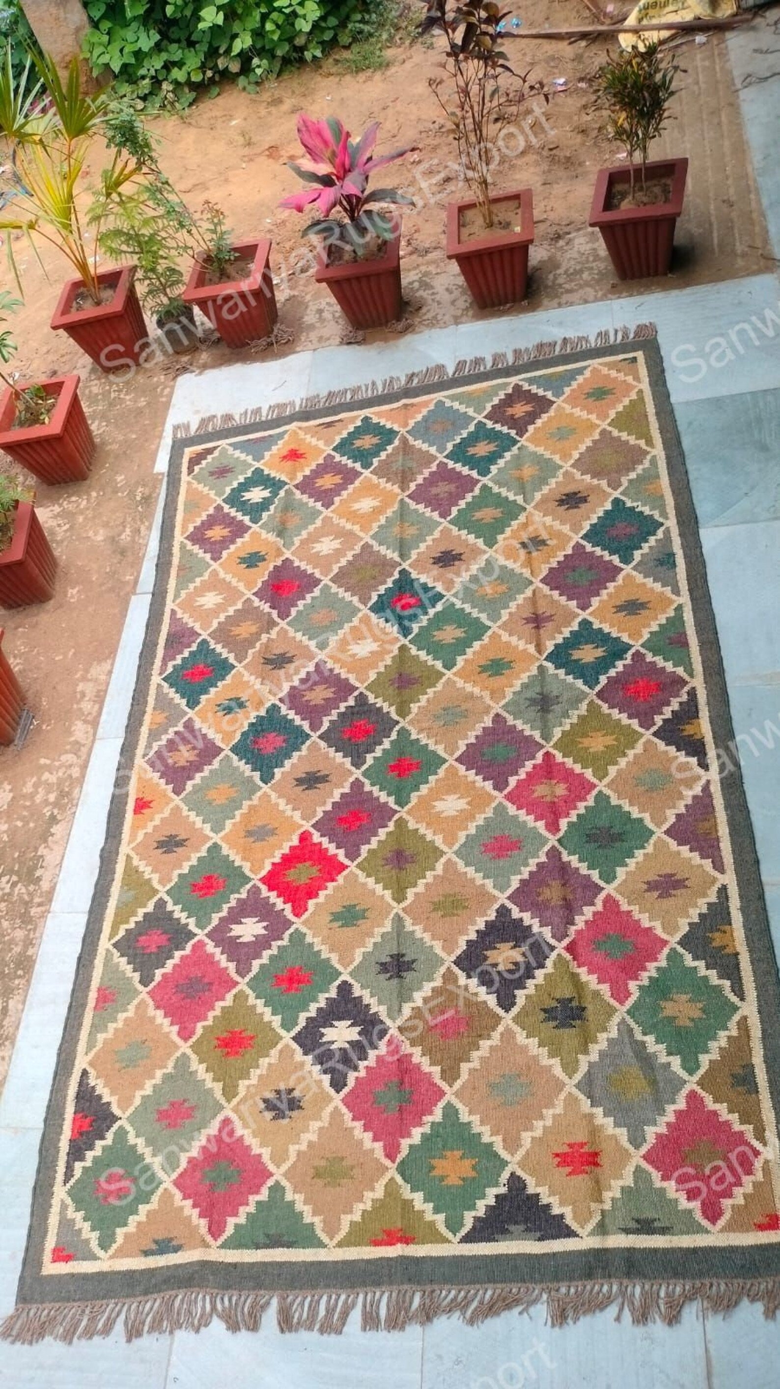 Handwoven Wool Jute Kilim Rug | Multicolor Bohemian Flatweave Carpet