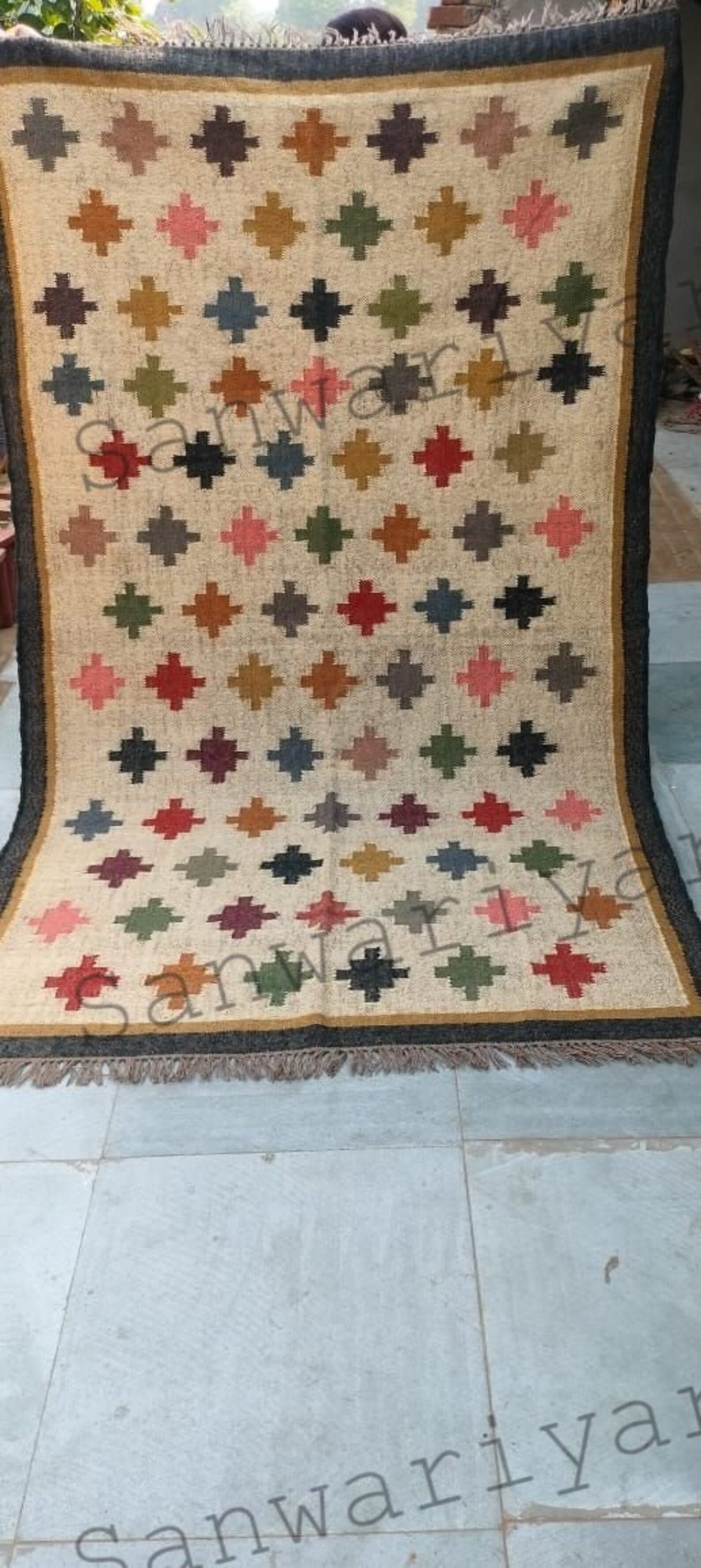 Handwoven Wool Jute Kilim Rug – Geometric Boho Dhurrie for Living Room & Bedroom