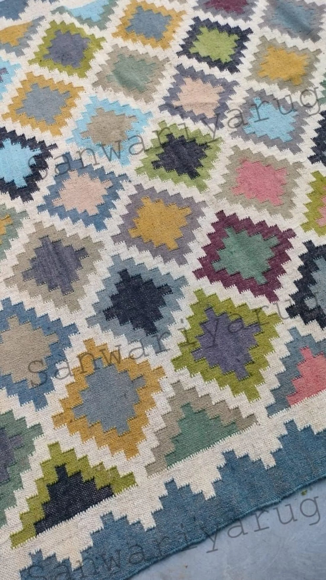 Handmade Wool Jute Kilim Rug, Multicolor Geometric Area Rug, Reversible Boho Flatweave Dhurrie Carpet, Artisan Farmhouse Rug, Custom Size
