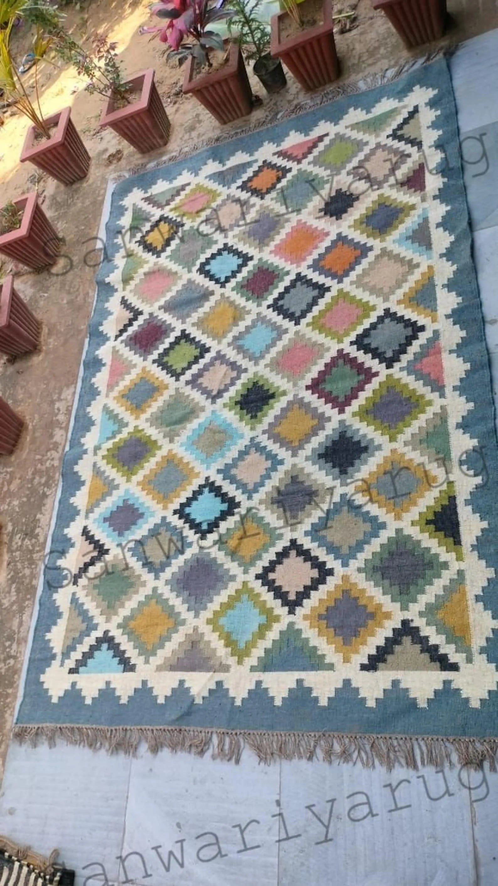 Handmade Wool Jute Kilim Rug, Multicolor Geometric Area Rug, Reversible Boho Flatweave Dhurrie Carpet, Artisan Farmhouse Rug, Custom Size