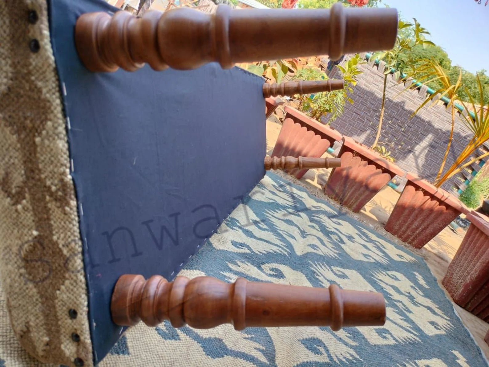 Handwoven Kilim Upholstered Bench – Boho Wooden Footstool