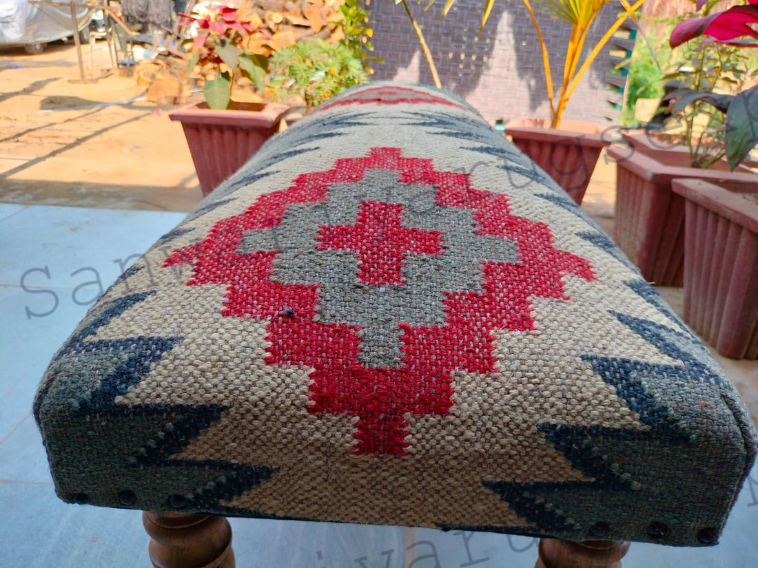 Handwoven Kilim Upholstered Bench – Boho Wooden Footstool