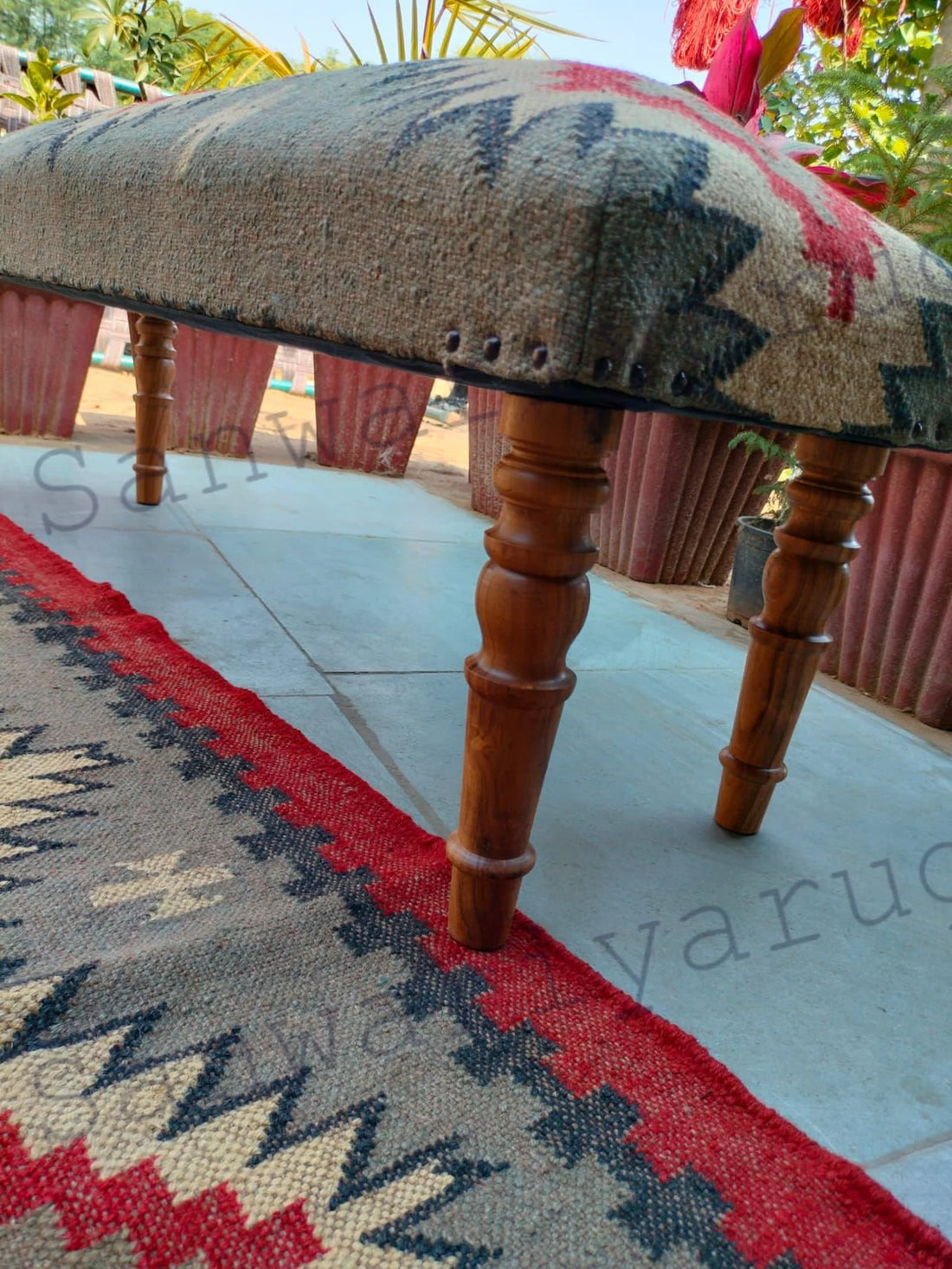 Handwoven Kilim Upholstered Bench – Boho Wooden Footstool