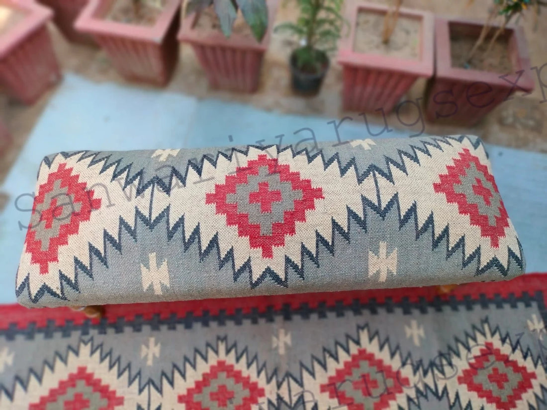 Handwoven Kilim Upholstered Bench – Boho Wooden Footstool